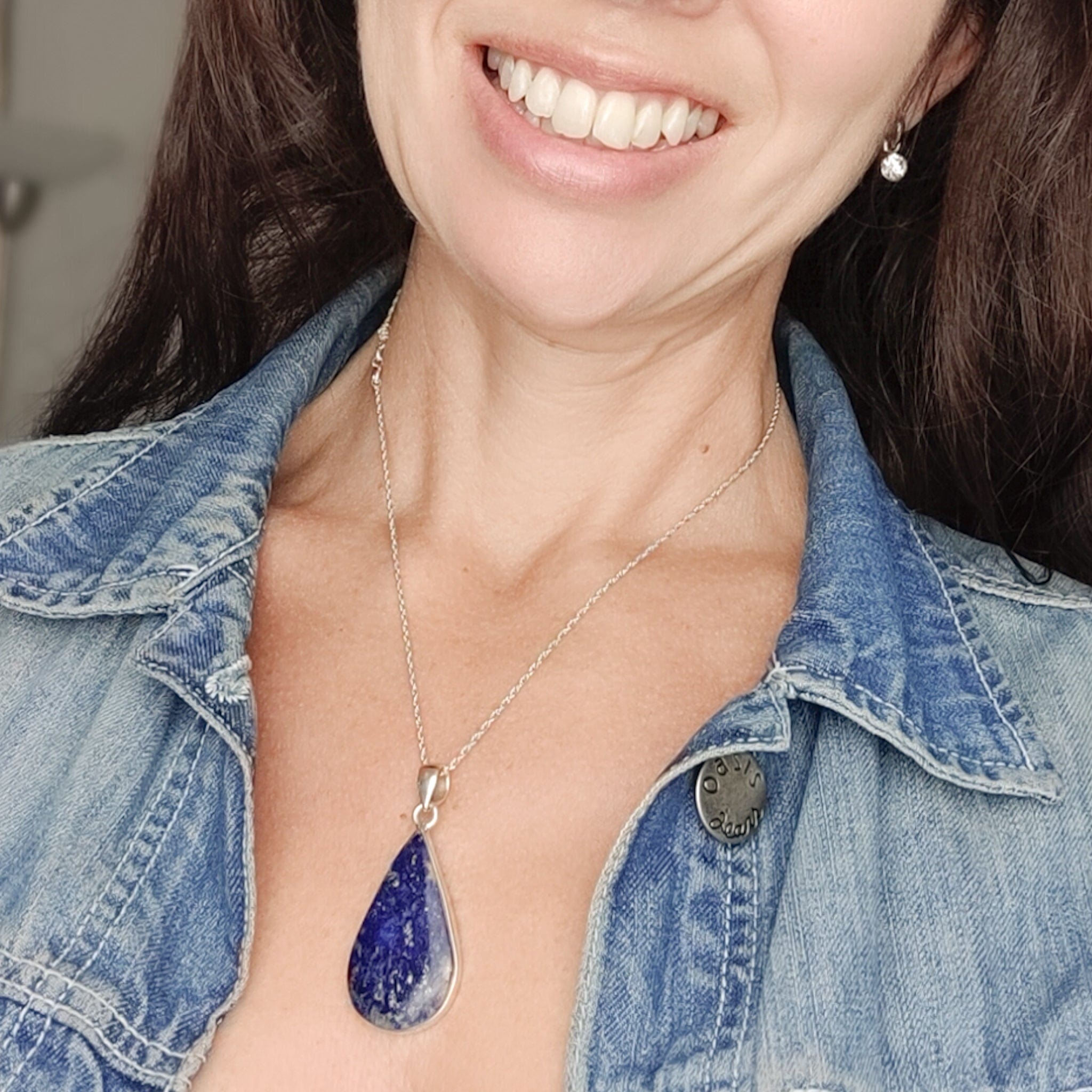 Hepburn and Hughes Lapis Lazuli Pendant | 38mm Inverted Teardrop| Blue Gemstone | Sterling Silver