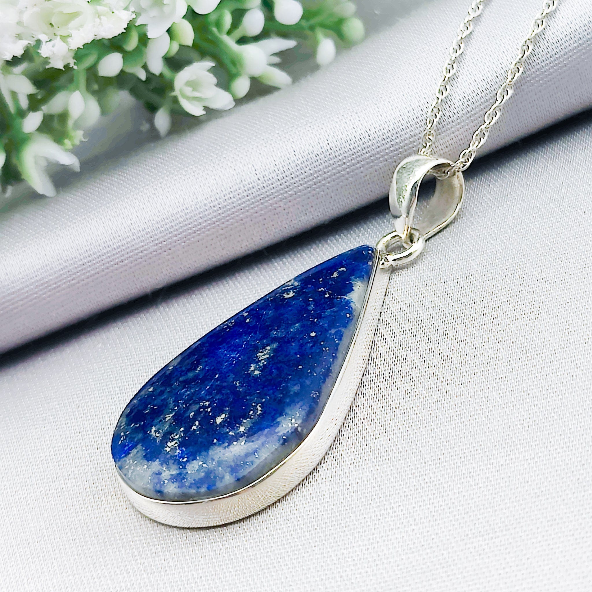 Hepburn and Hughes Lapis Lazuli Pendant | 38mm Inverted Teardrop| Blue Gemstone | Sterling Silver