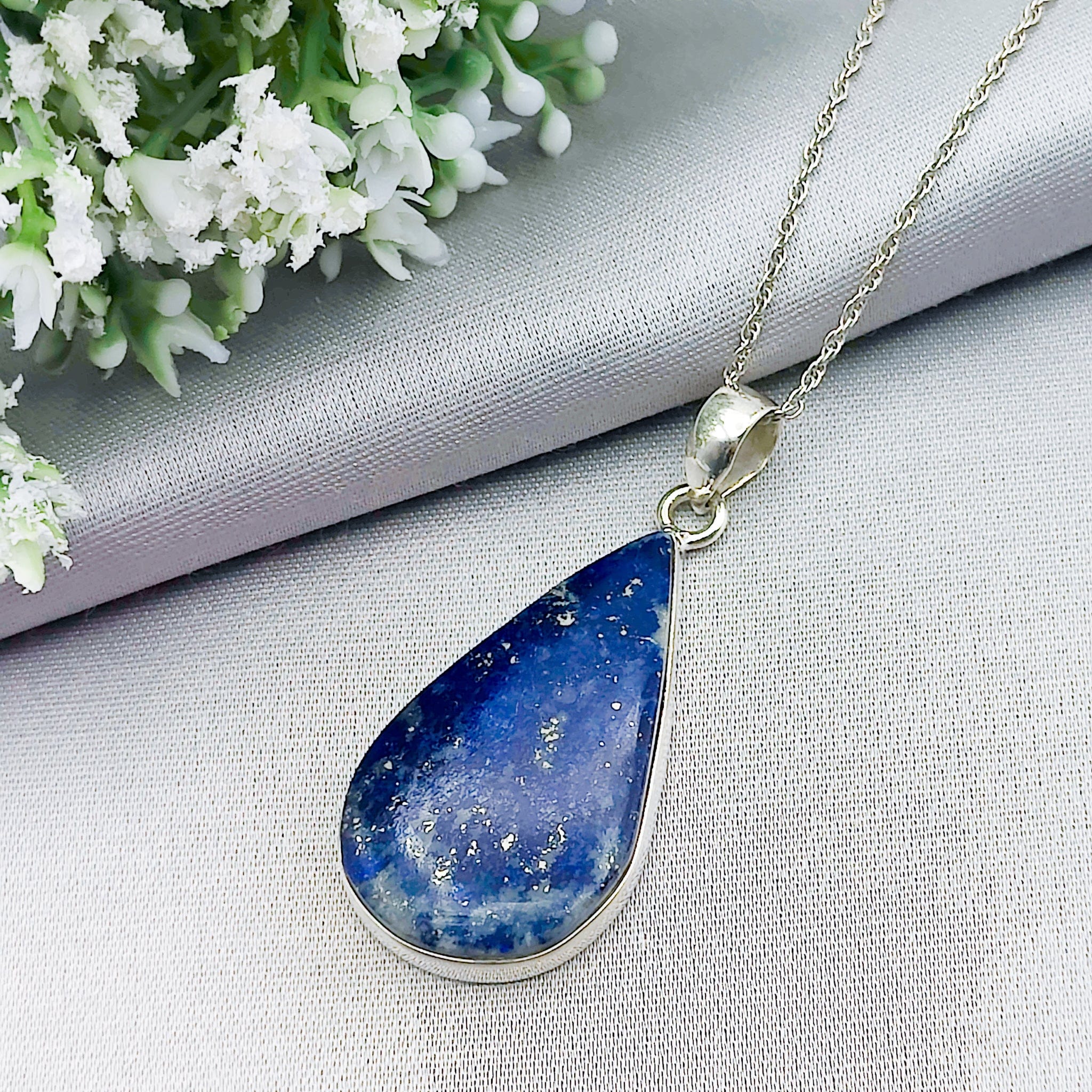 Hepburn and Hughes Lapis Lazuli Pendant | 38mm Inverted Teardrop| Blue Gemstone | Sterling Silver