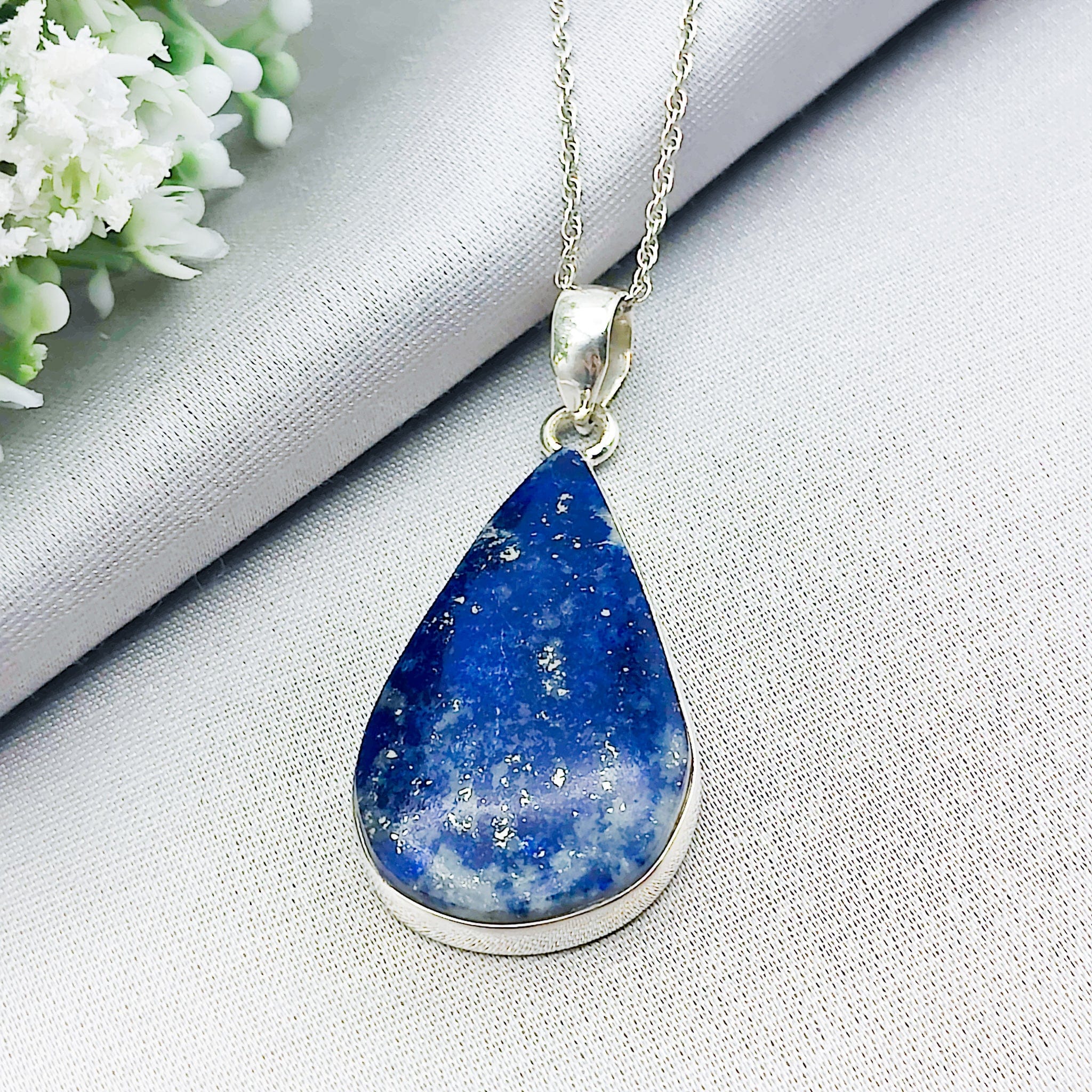 Hepburn and Hughes Lapis Lazuli Pendant | 38mm Inverted Teardrop| Blue Gemstone | Sterling Silver