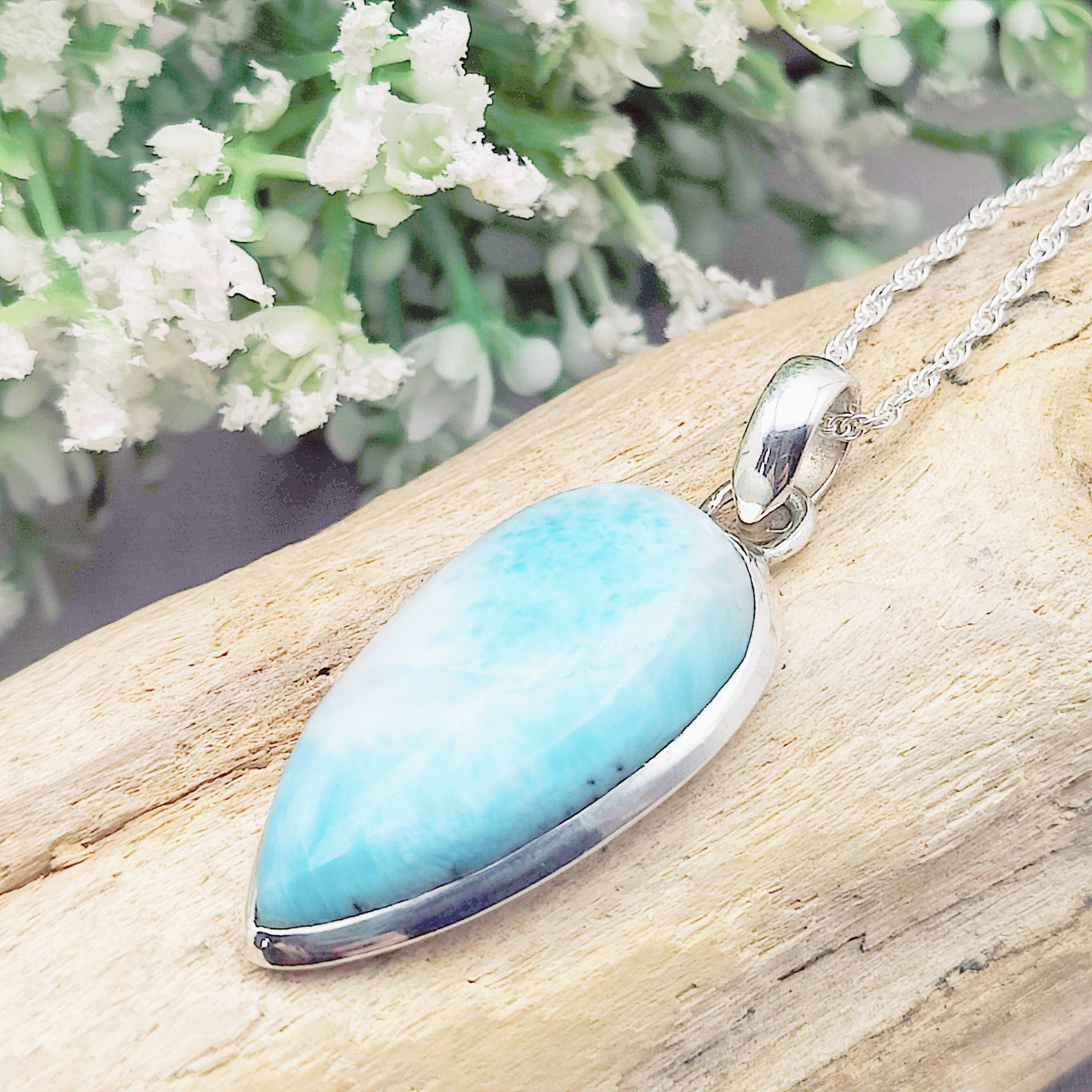 Hepburn and Hughes Larimar Gemstone Pendant | 32mm Teardrop | Sterling Silver