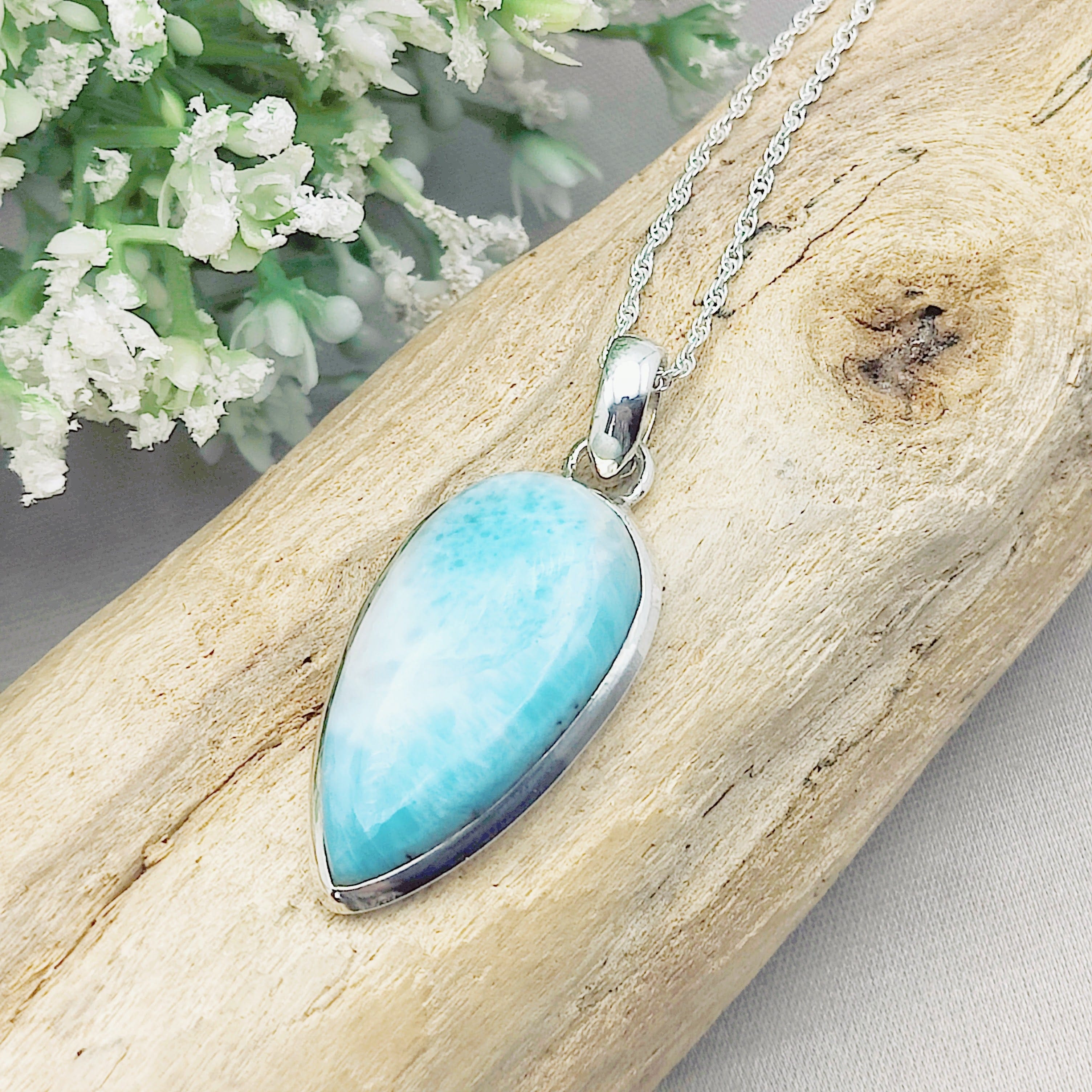 Hepburn and Hughes Larimar Gemstone Pendant | 32mm Teardrop | Sterling Silver