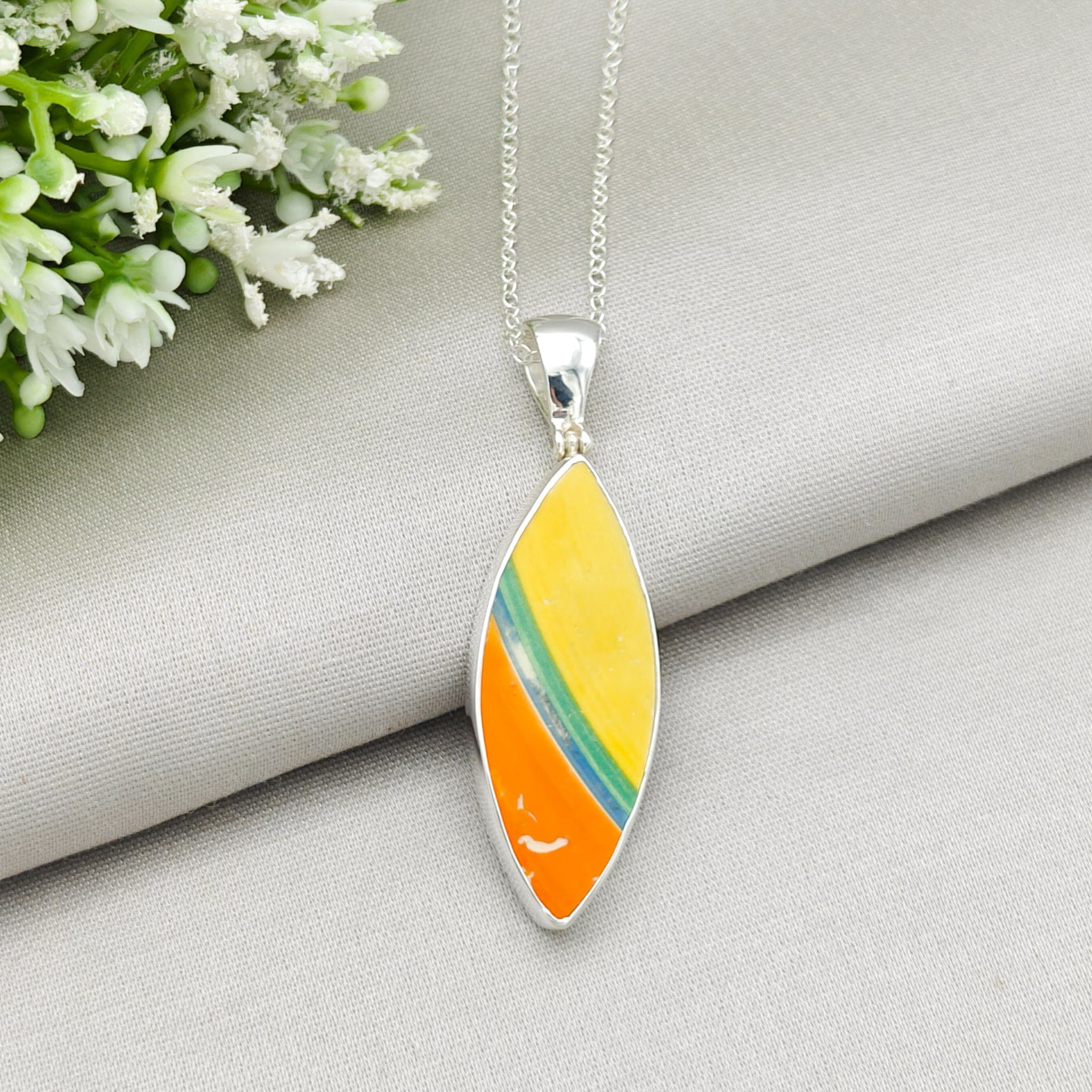 Hepburn and Hughes Liberty Stripe Clarice Cliff Art Deco Necklace | Upcycled Sterling Silver Heritage Jewellery
