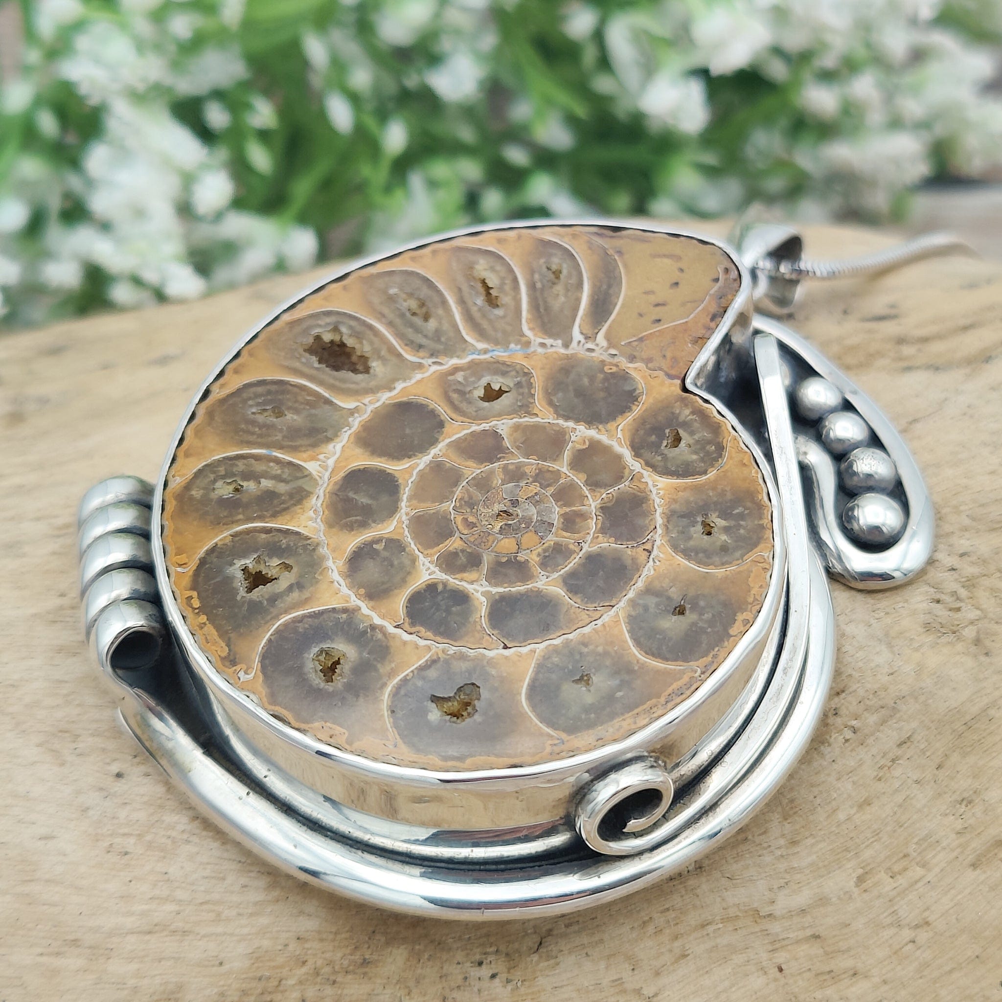 Hepburn and Hughes Madagascan Ammonite Pendant | 60mm Fossil | Ornate Setting | Sterling Silver