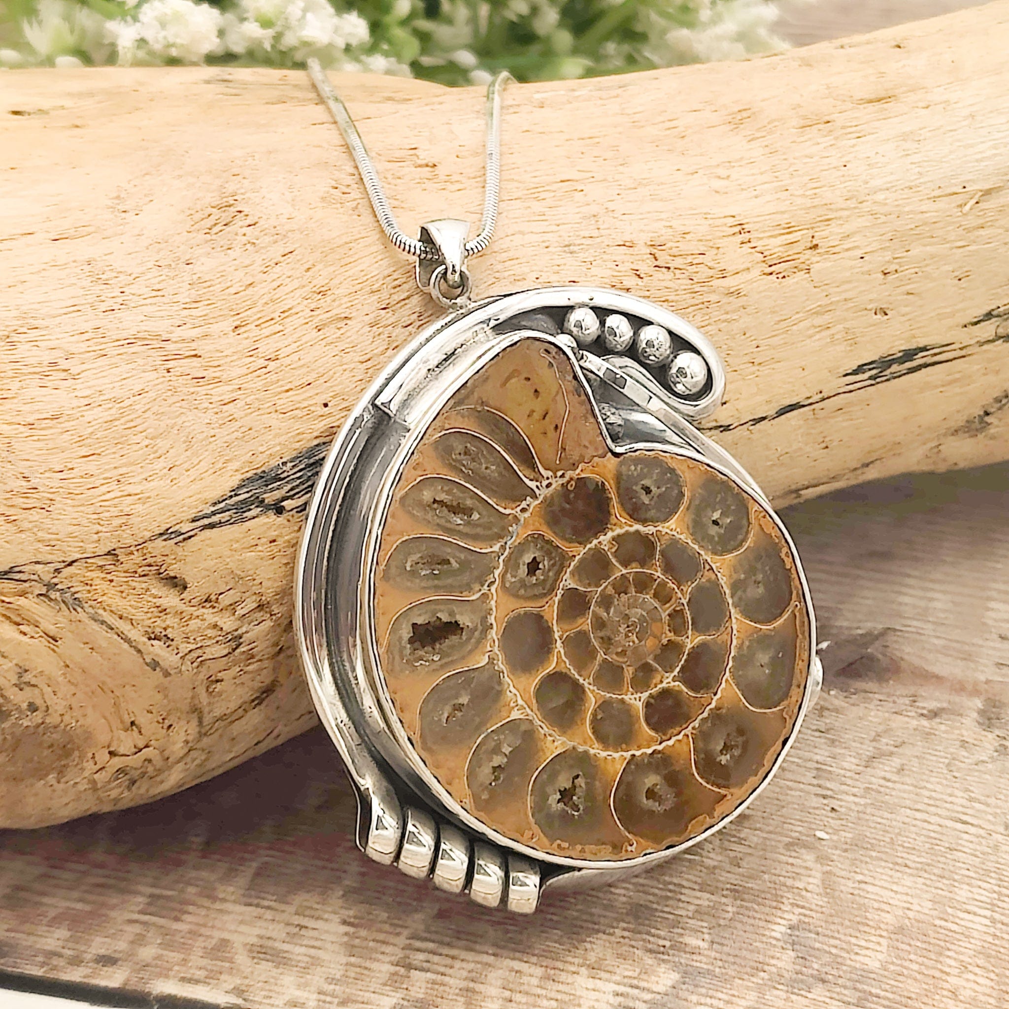 Hepburn and Hughes Madagascan Ammonite Pendant | 60mm Fossil | Ornate Setting | Sterling Silver