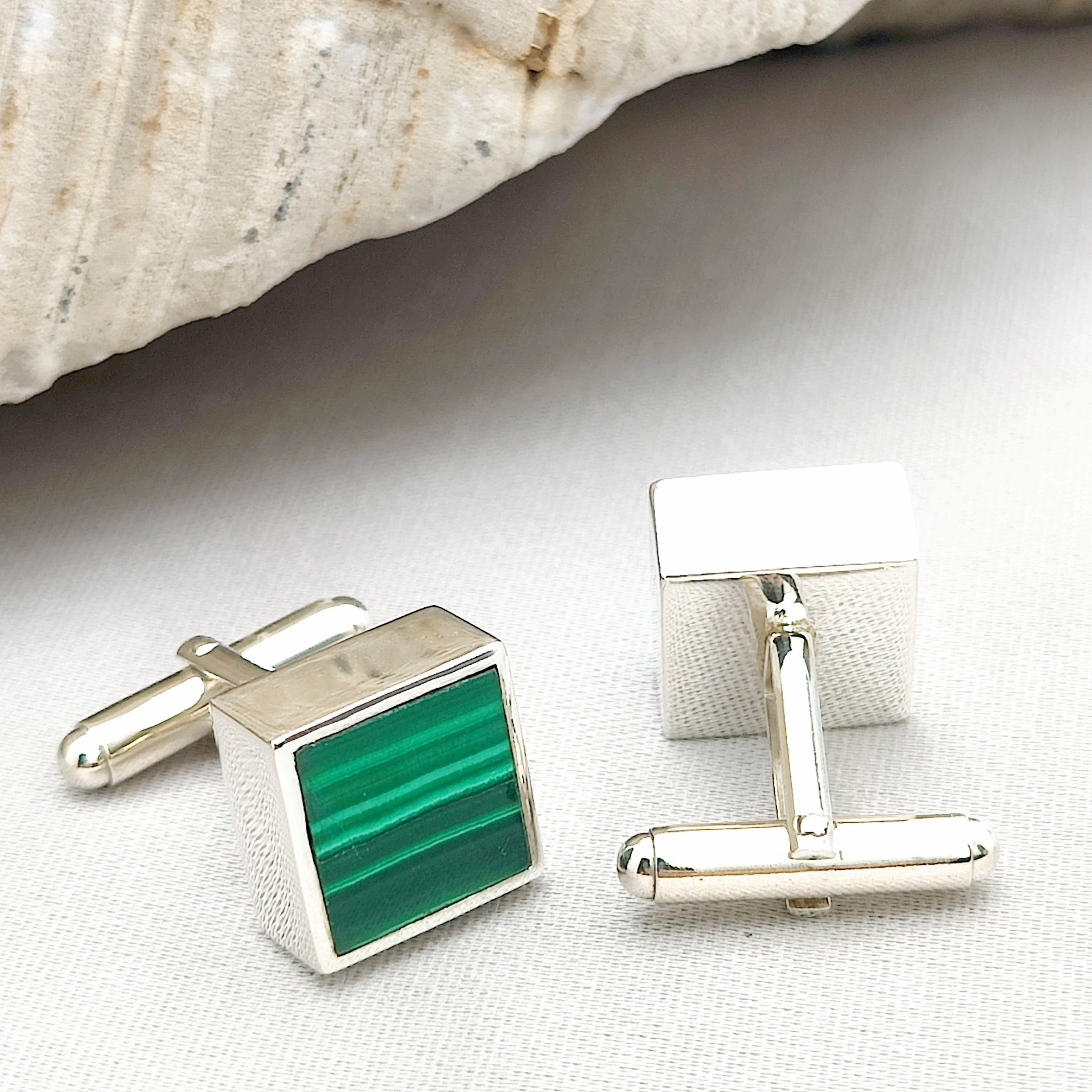 Hepburn and Hughes Malachite Cufflinks | Green Gemstone Cuff Links | Sterling Silver
