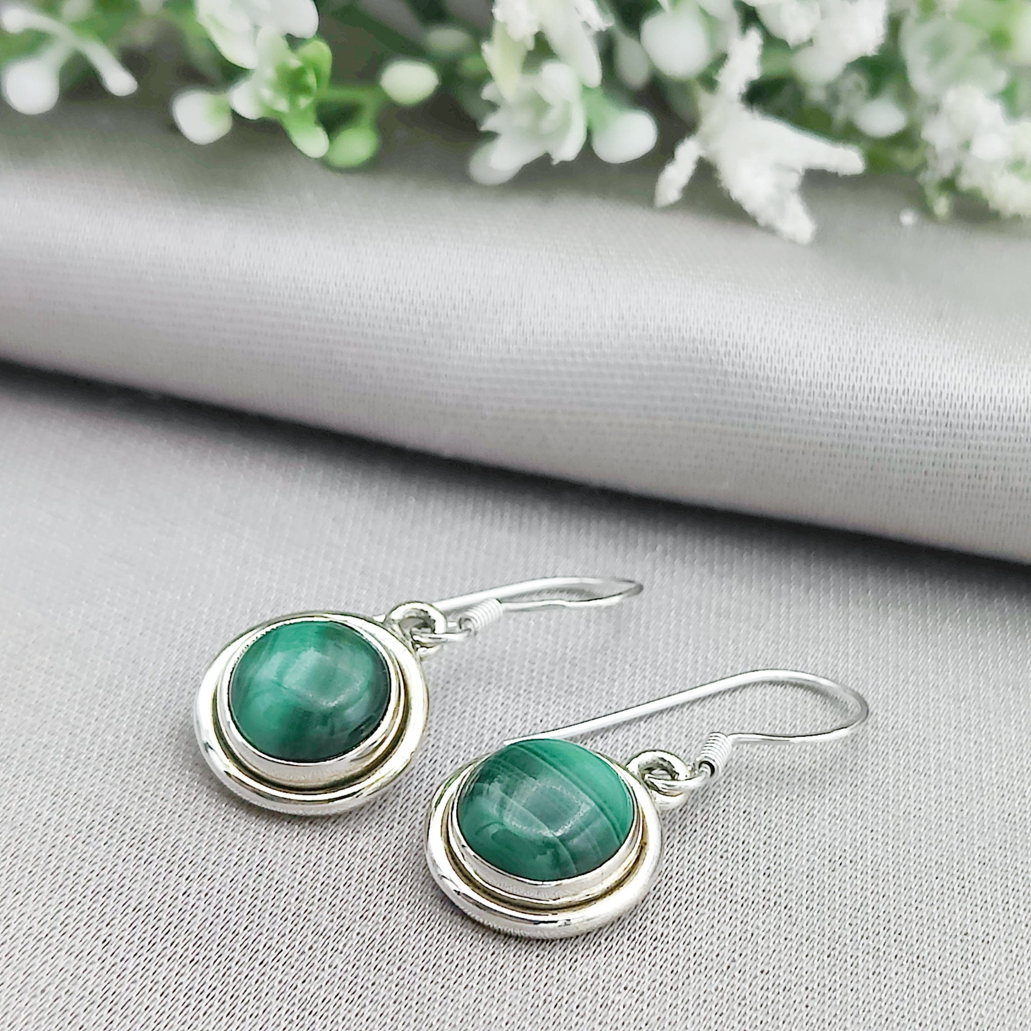 Hepburn and Hughes Malachite Earrings | 12mm circle | Green Gemstone | Sterling Silver
