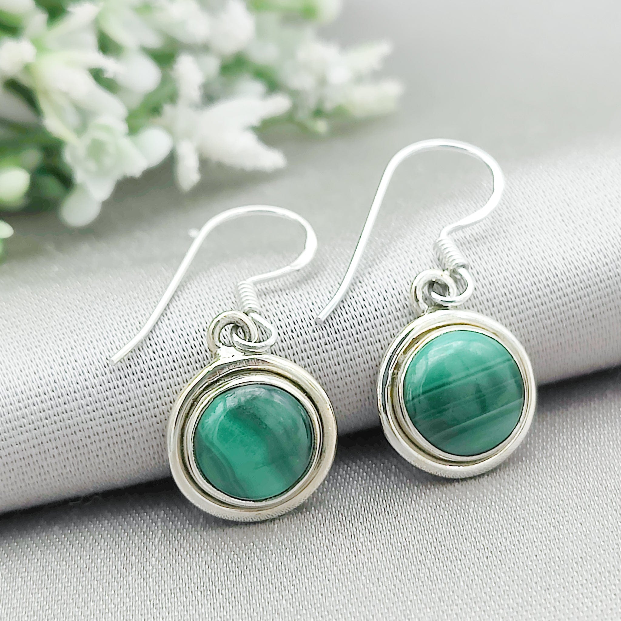 Hepburn and Hughes Malachite Earrings | 12mm circle | Green Gemstone | Sterling Silver
