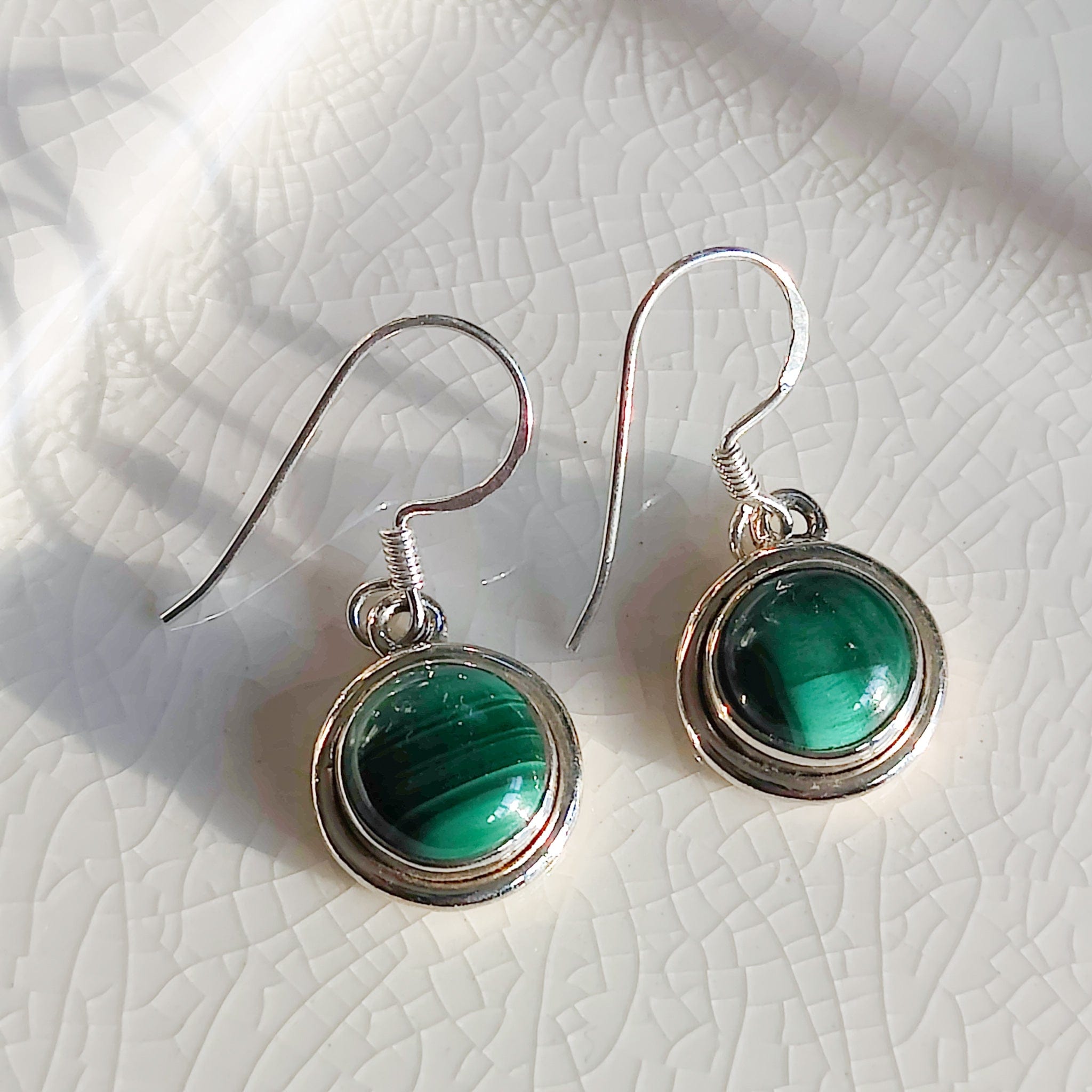 Hepburn and Hughes Malachite Earrings | 12mm circle | Green Gemstone | Sterling Silver