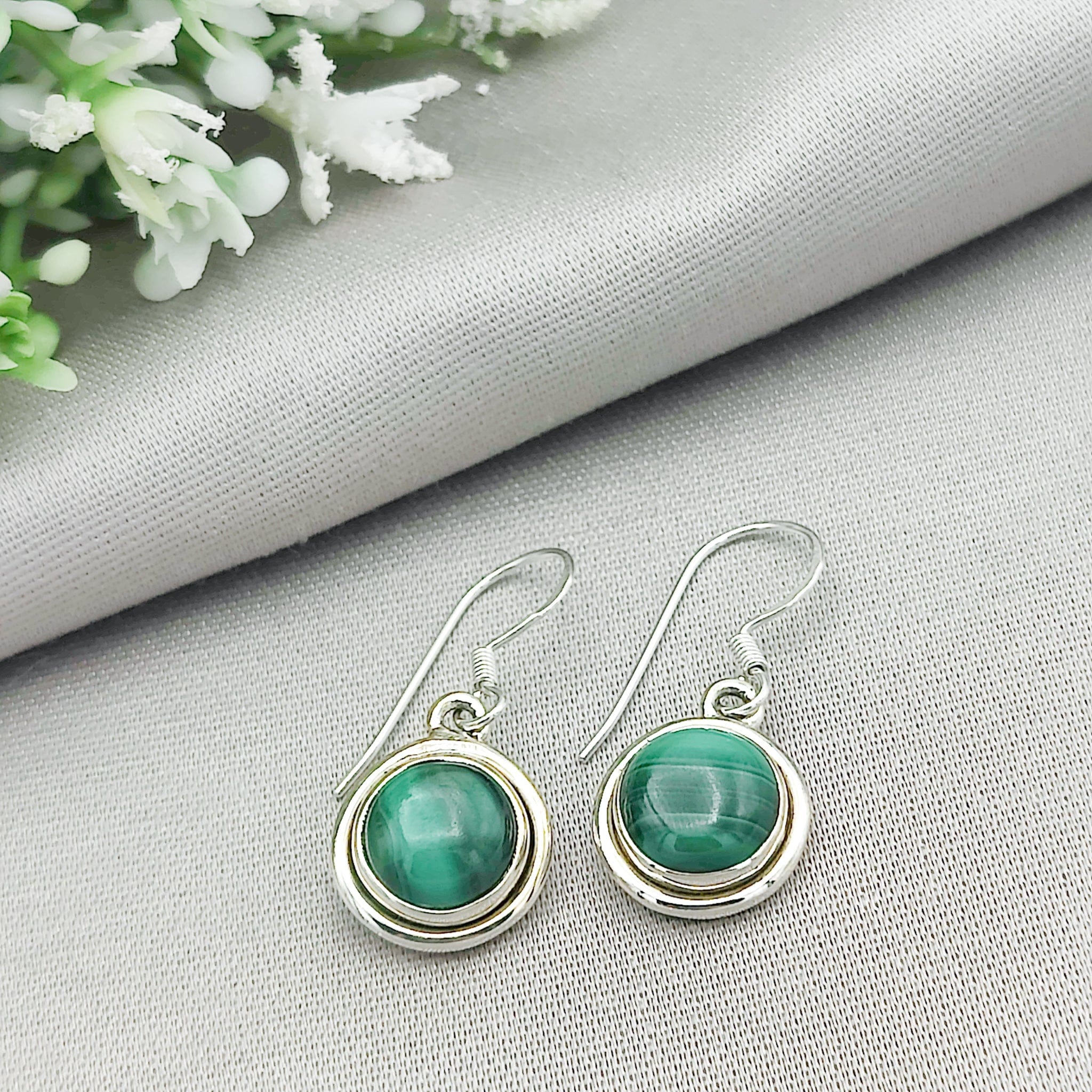 Hepburn and Hughes Malachite Earrings | 12mm circle | Green Gemstone | Sterling Silver
