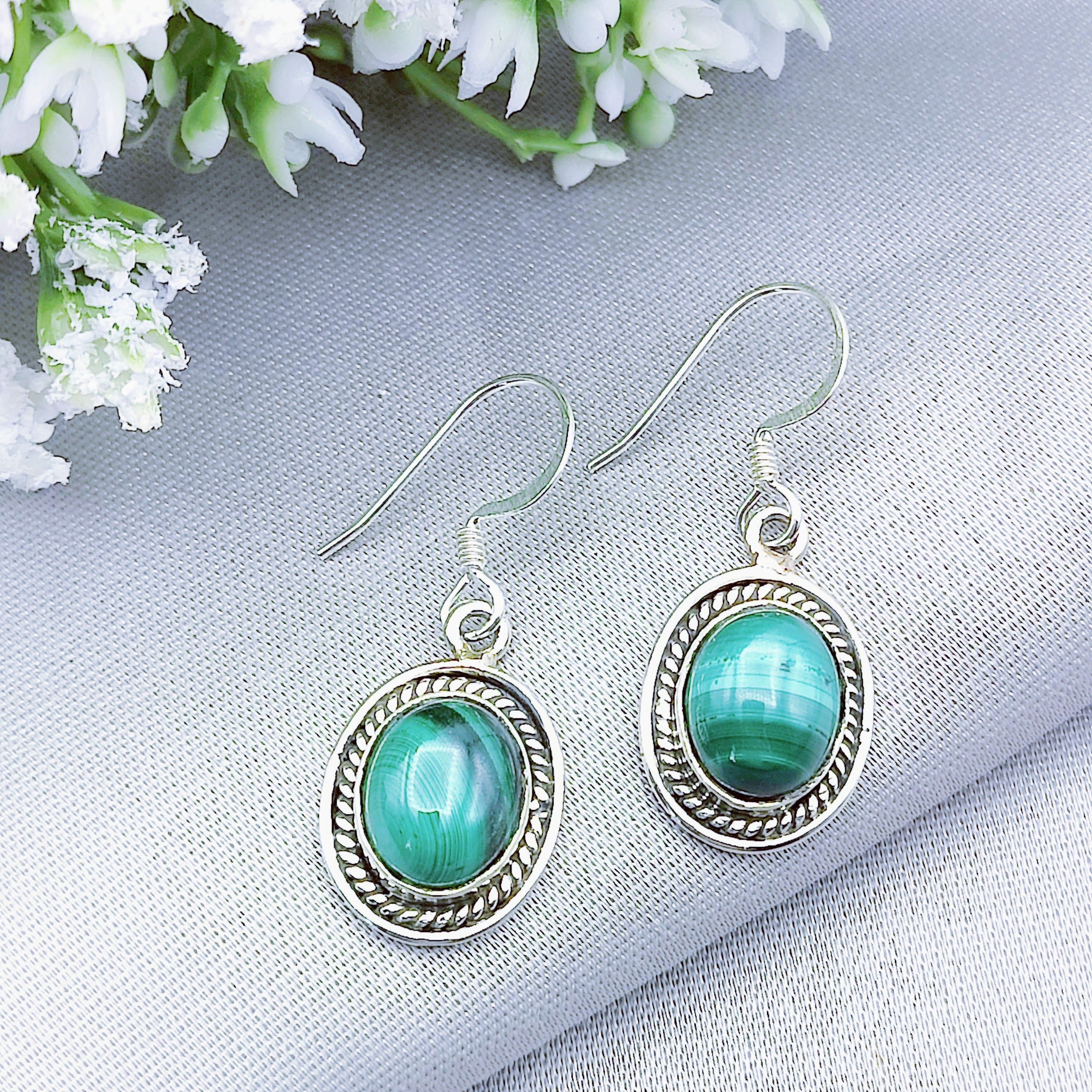 Hepburn and Hughes Malachite Earrings | Ornate Oval | Taurus Gift | Sterling Silver