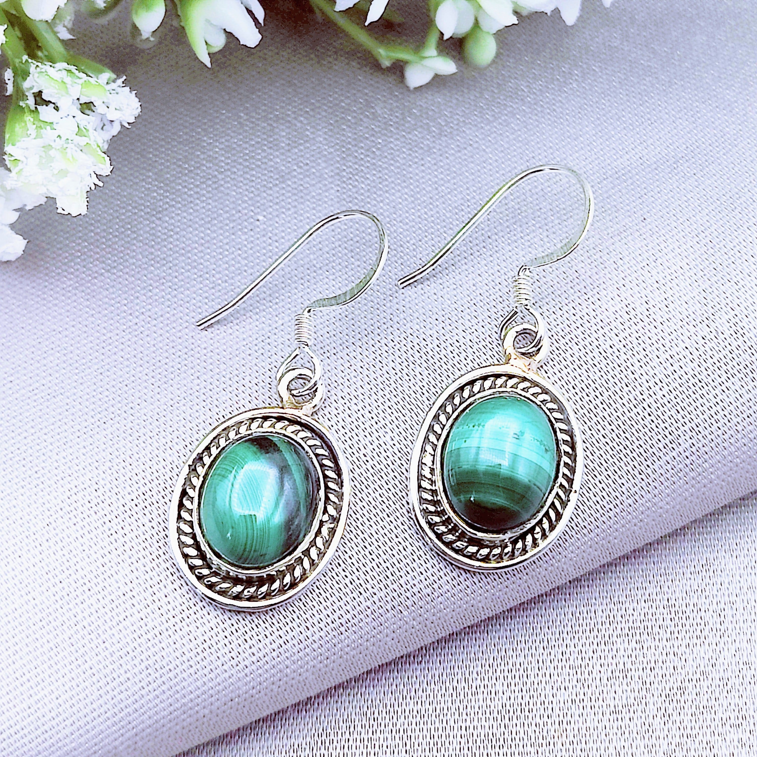 Hepburn and Hughes Malachite Earrings | Ornate Oval | Taurus Gift | Sterling Silver