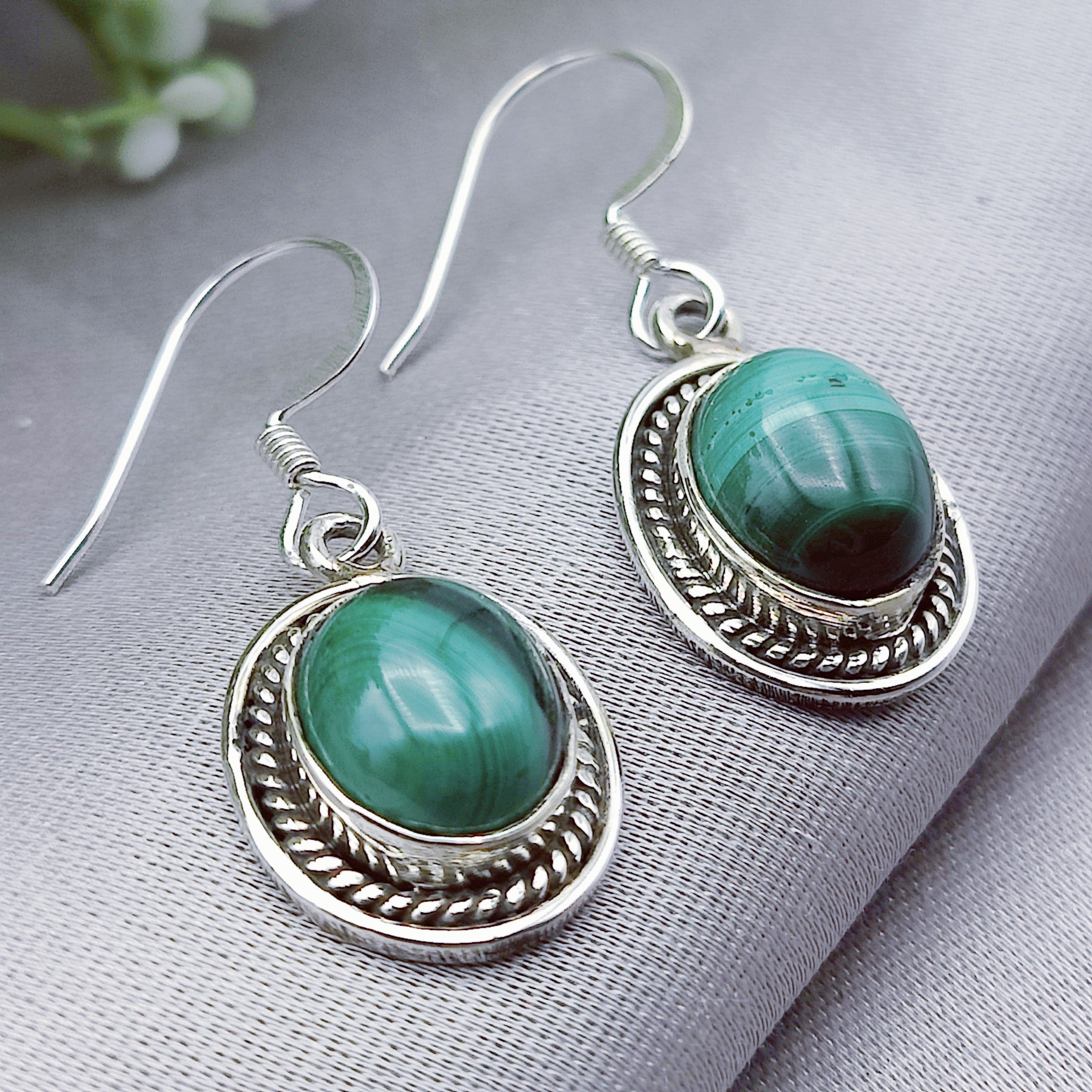 Hepburn and Hughes Malachite Earrings | Ornate Oval | Taurus Gift | Sterling Silver
