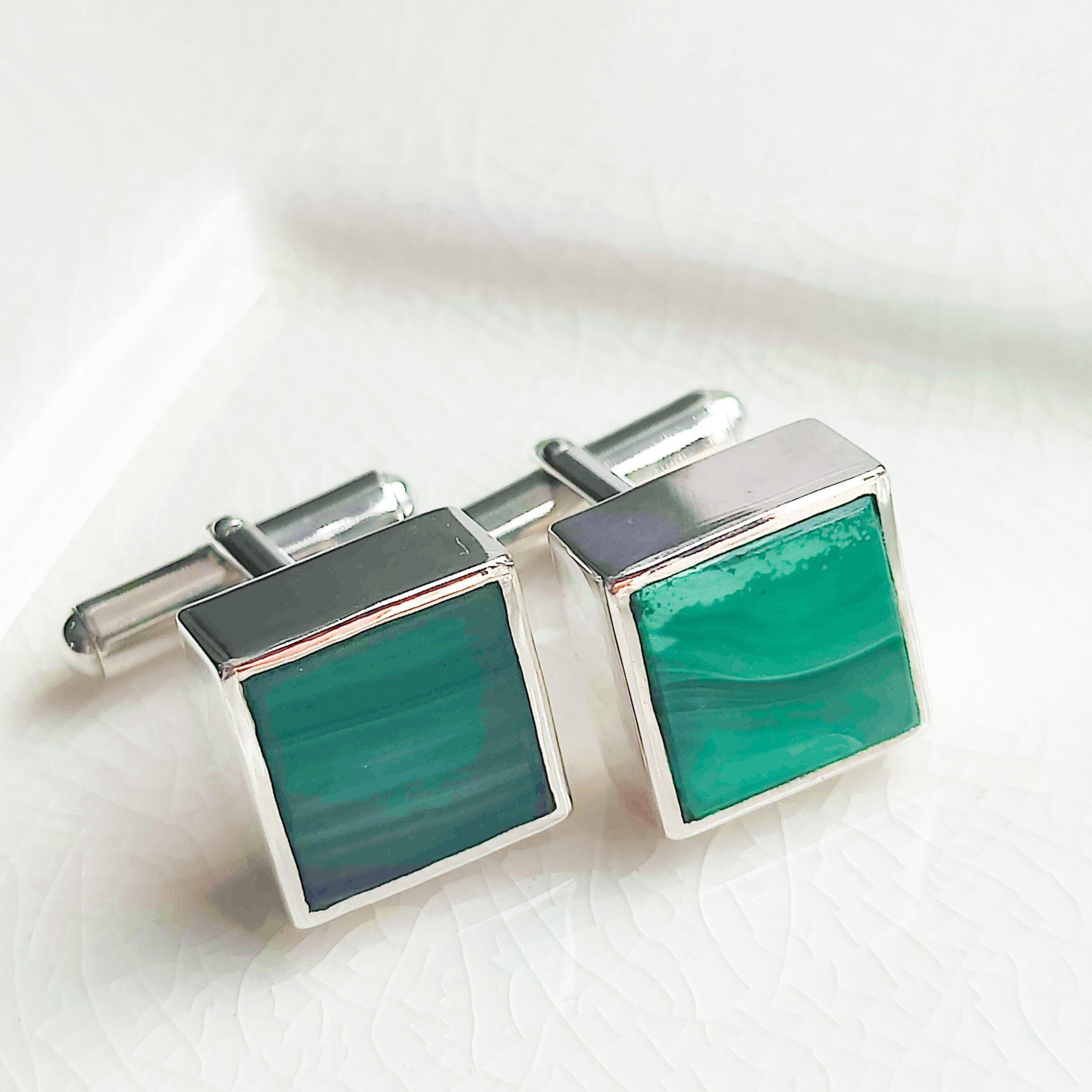 Hepburn and Hughes Malachite Gemstone Cufflinks | May Birthstone | 13th Anniversary | Sterling Silver