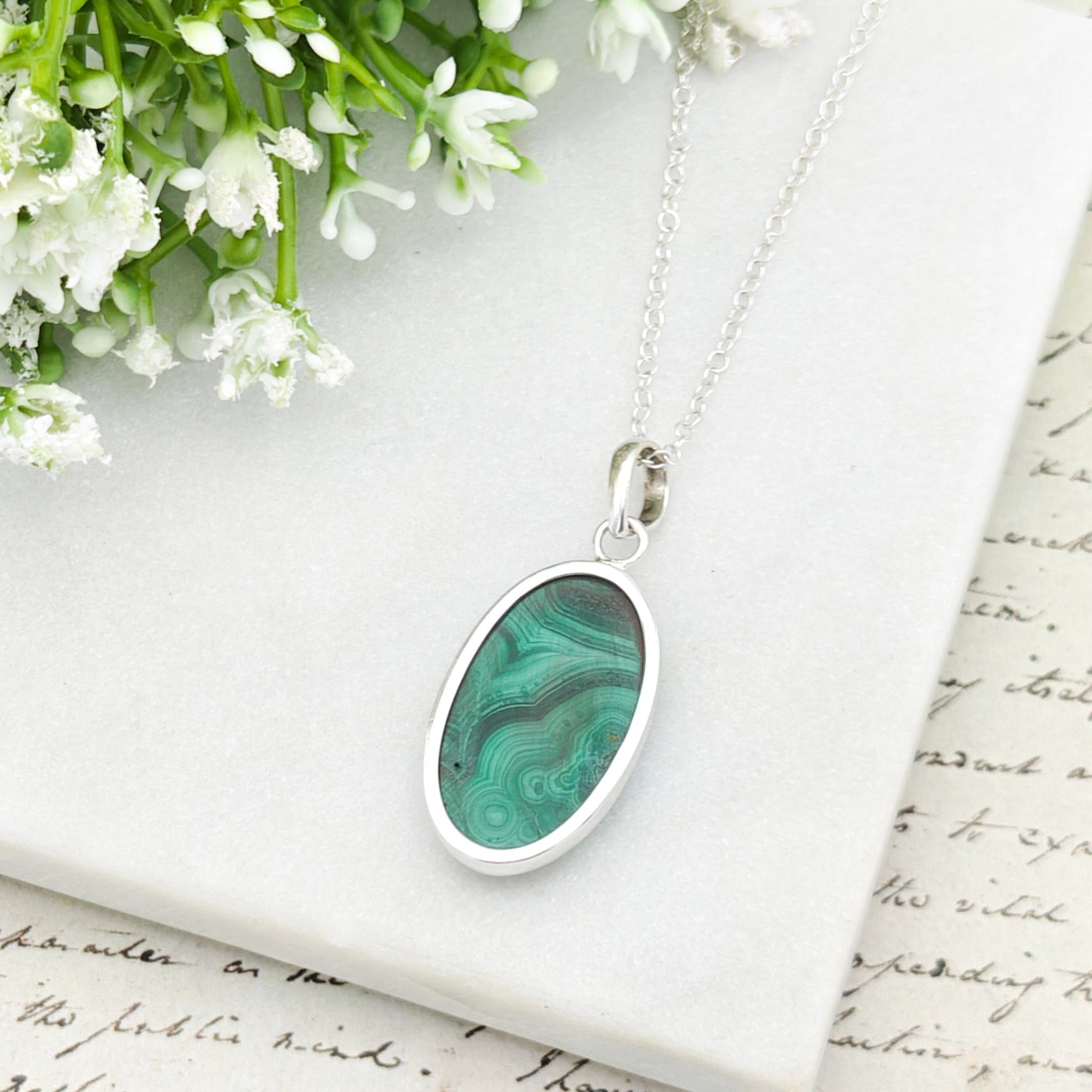 Hepburn and Hughes Malachite Gemstone Pendant in Sterling Silver | 13th Anniversary Gift