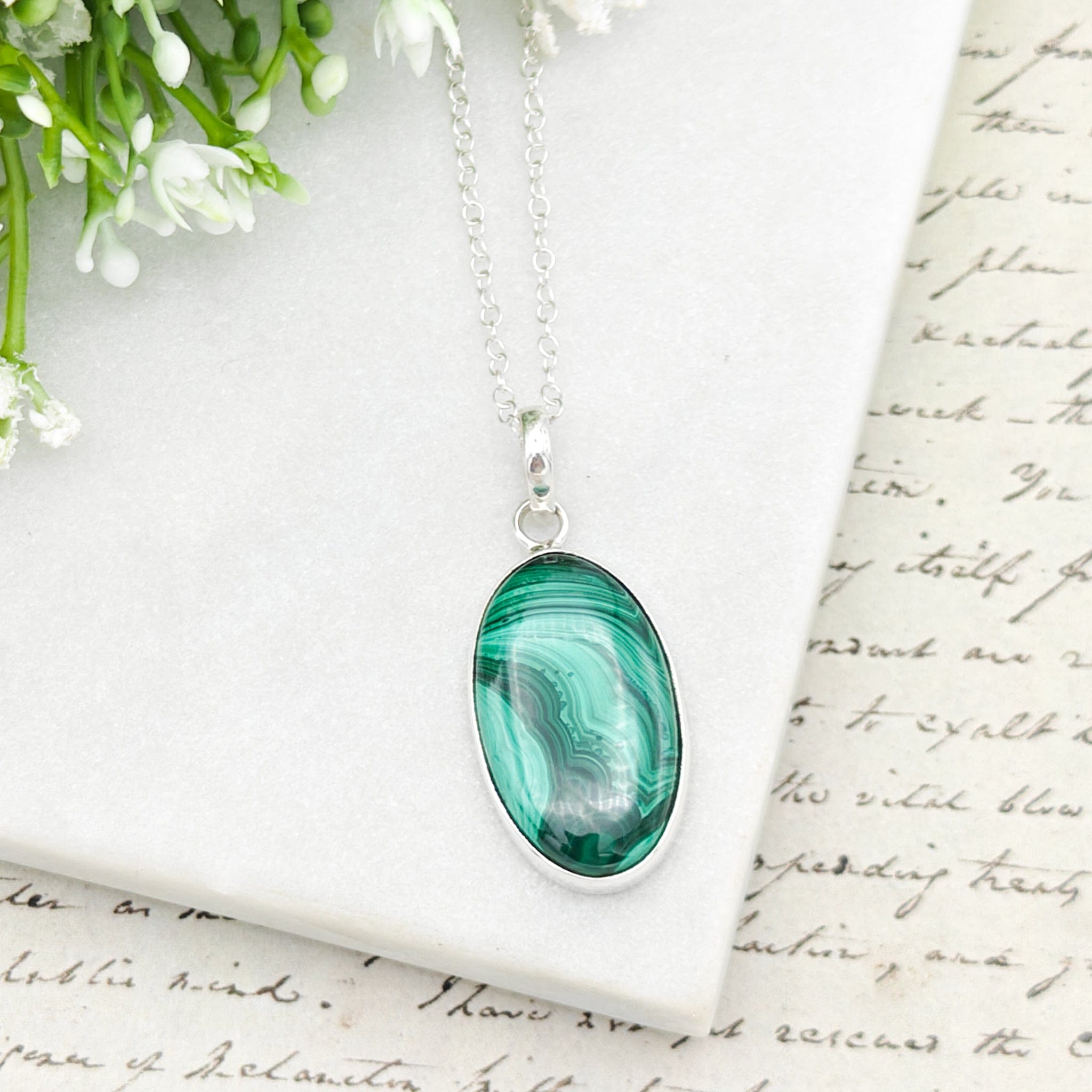 Hepburn and Hughes Malachite Gemstone Pendant in Sterling Silver | 13th Anniversary Gift