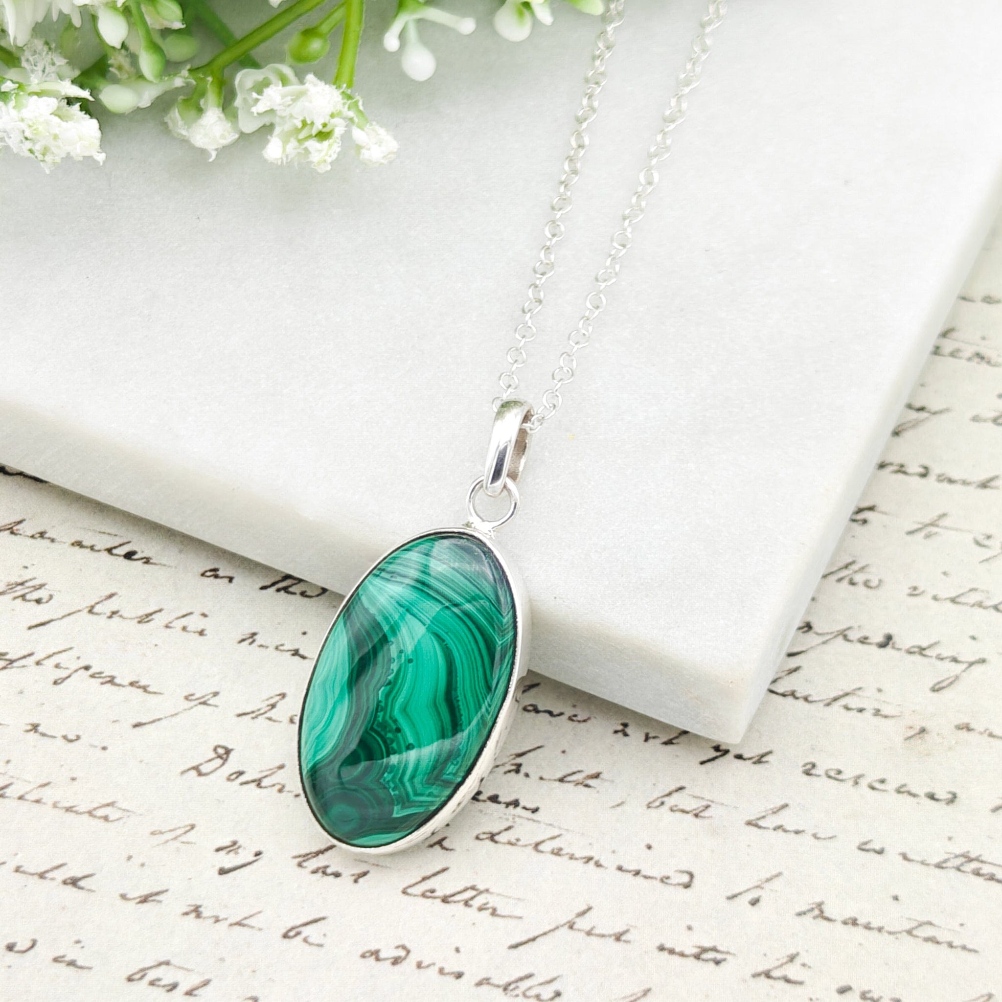 Hepburn and Hughes Malachite Gemstone Pendant in Sterling Silver | 13th Anniversary Gift