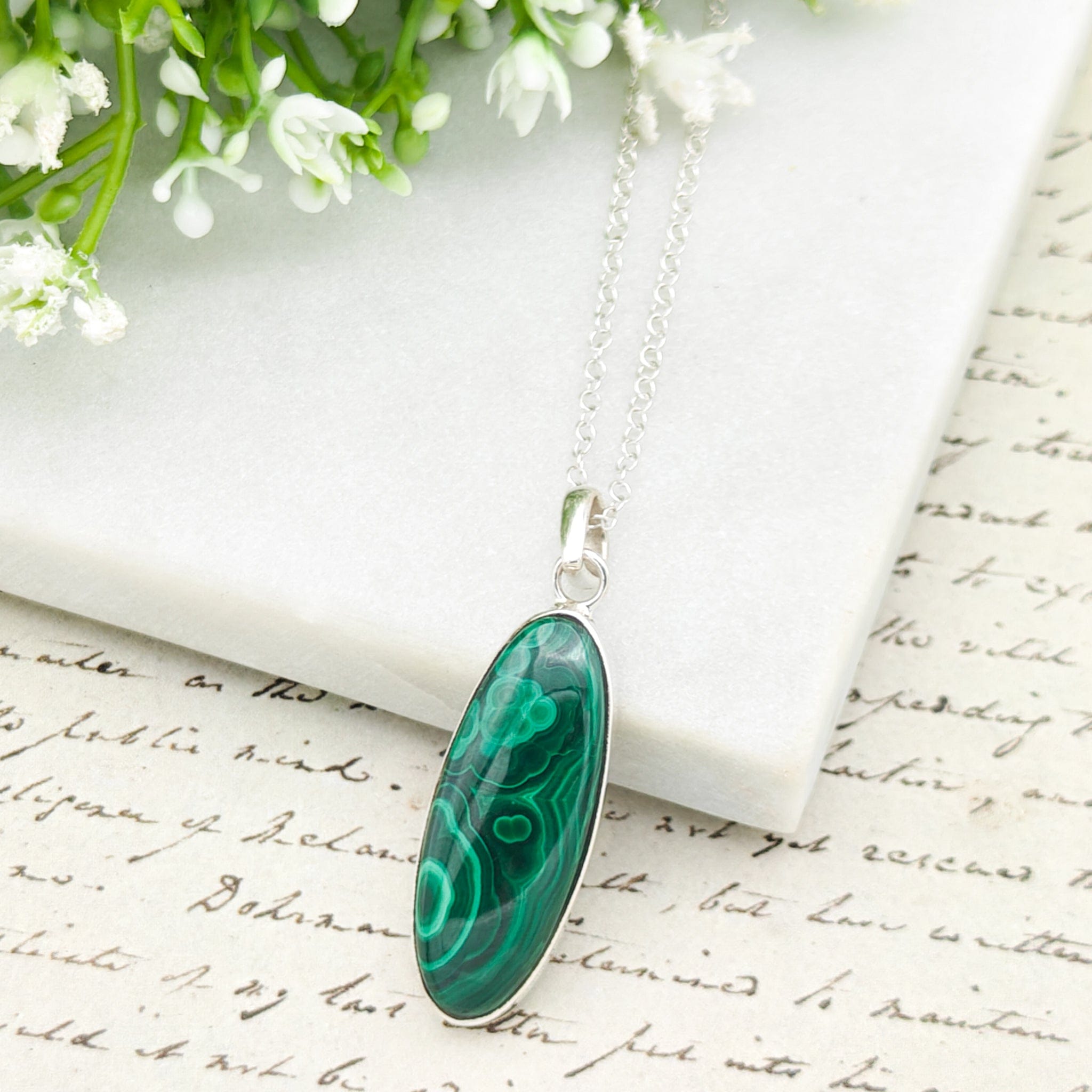 Hepburn and Hughes Malachite Gemstone Pendant in Sterling Silver | 13th Anniversary Gift