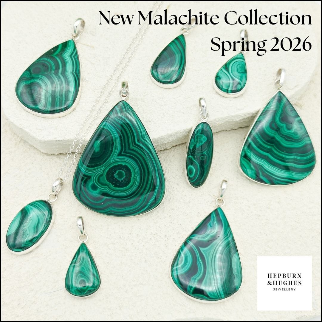 Hepburn and Hughes Malachite Gemstone Pendant in sterling Silver | 55mm teardrop | Taurus Gift