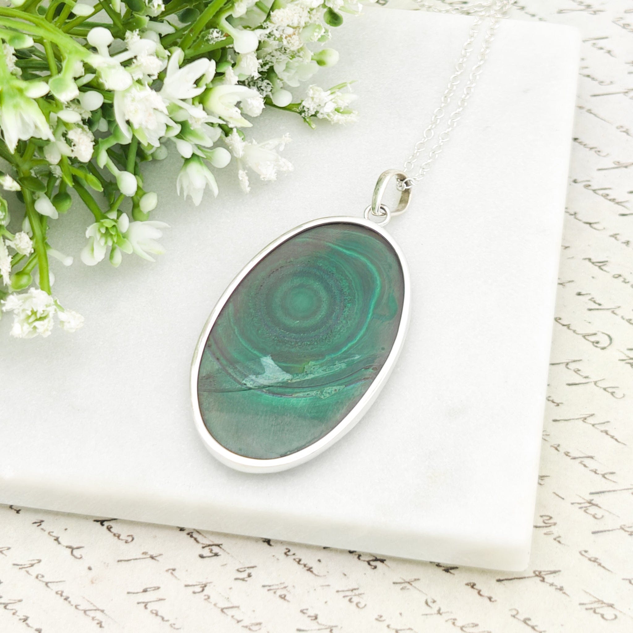 Hepburn and Hughes Malachite Oval Pendant in Sterling Silver | May Birthday | 13th wedding anniversary