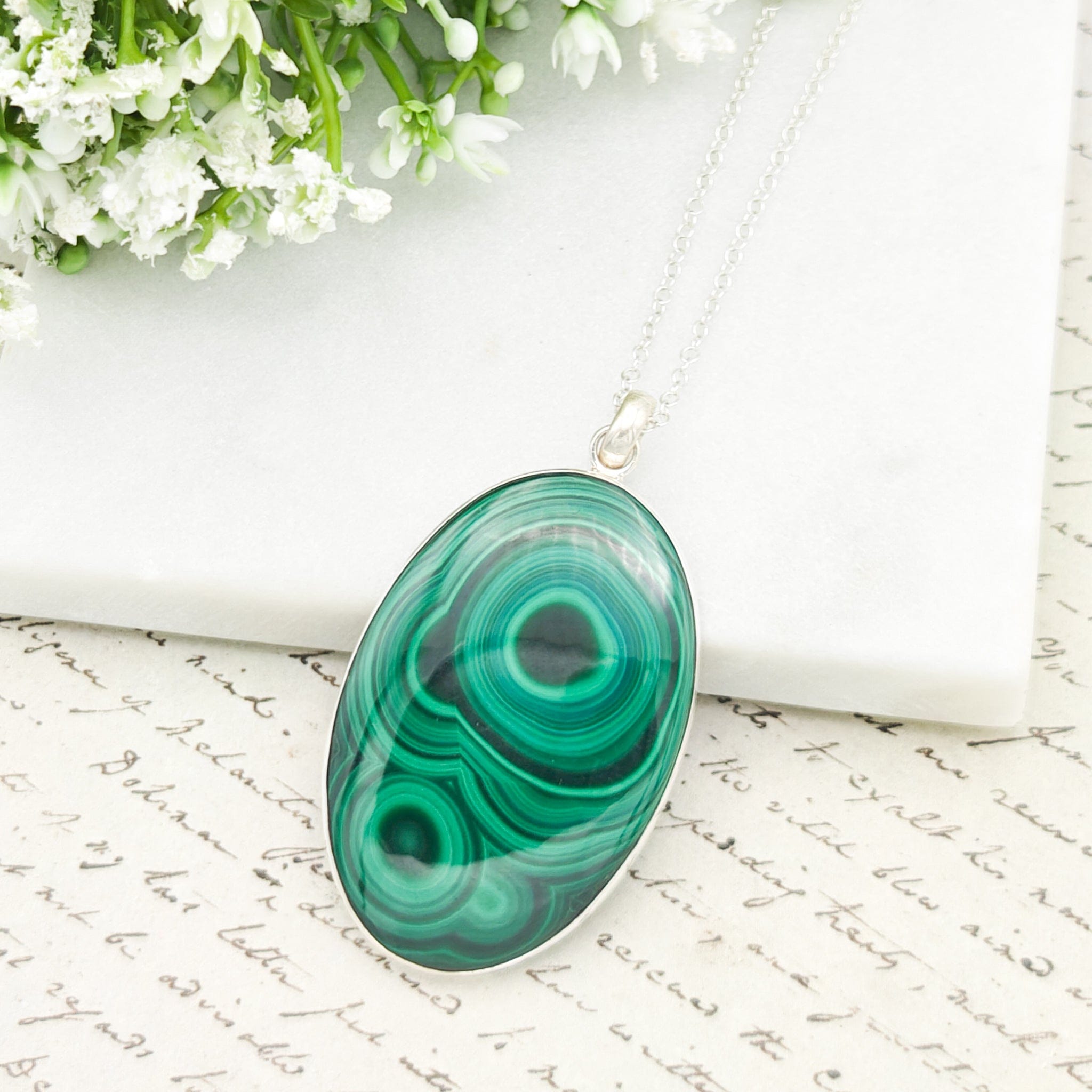 Hepburn and Hughes Malachite Oval Pendant in Sterling Silver | May Birthday | 13th wedding anniversary