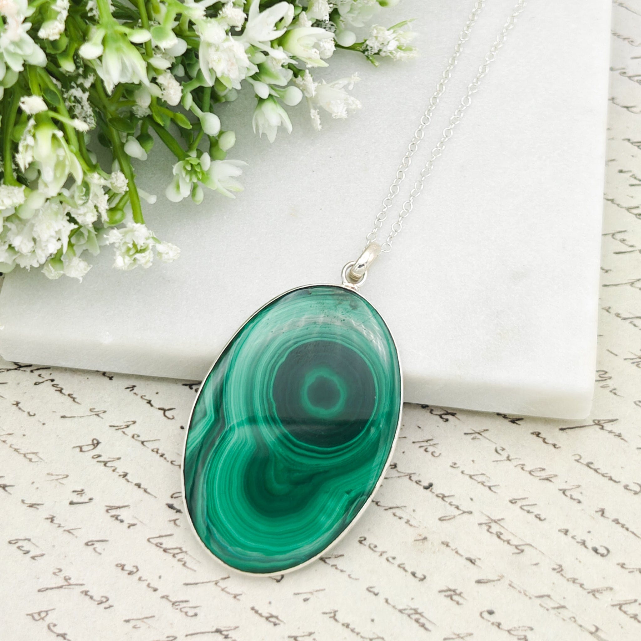 Hepburn and Hughes Malachite Oval Pendant in Sterling Silver | May Birthday | 13th wedding anniversary