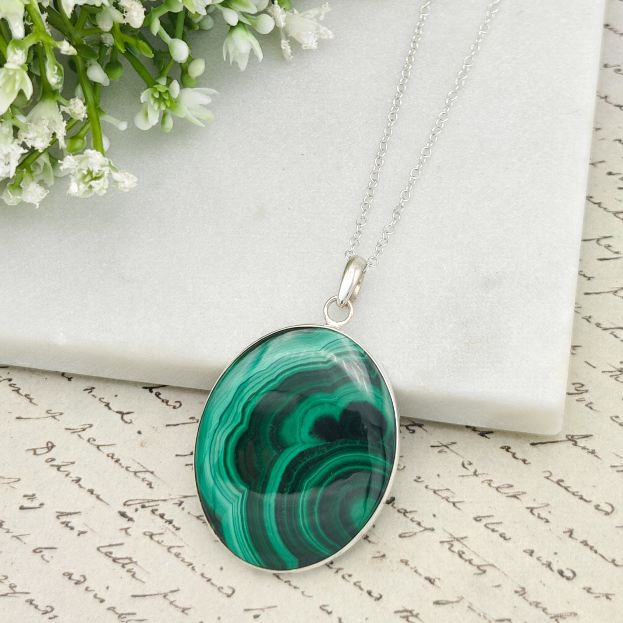 Hepburn and Hughes Malachite Oval Pendant in Sterling Silver | May Birthday | 13th wedding anniversary