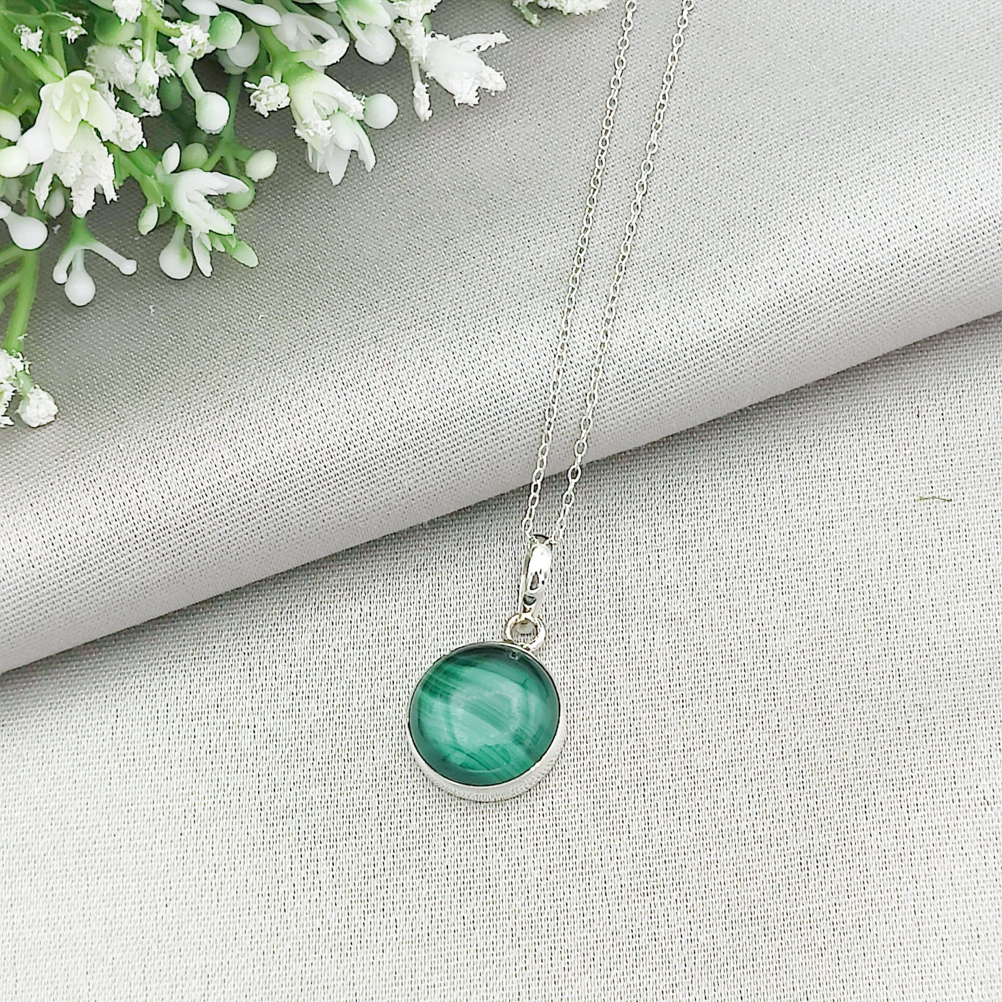 Hepburn and Hughes Malachite Pendant | 15mm circle | Green Gemstone | Sterling Silver