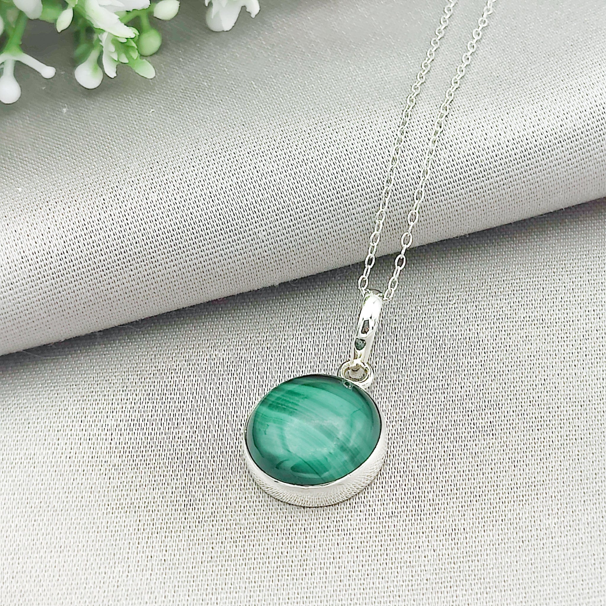 Hepburn and Hughes Malachite Pendant | 15mm circle | Green Gemstone | Sterling Silver