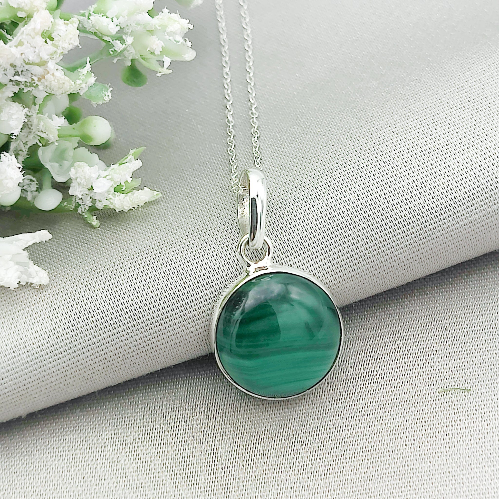 Hepburn and Hughes Malachite Pendant | 15mm circle | Green Gemstone | Sterling Silver
