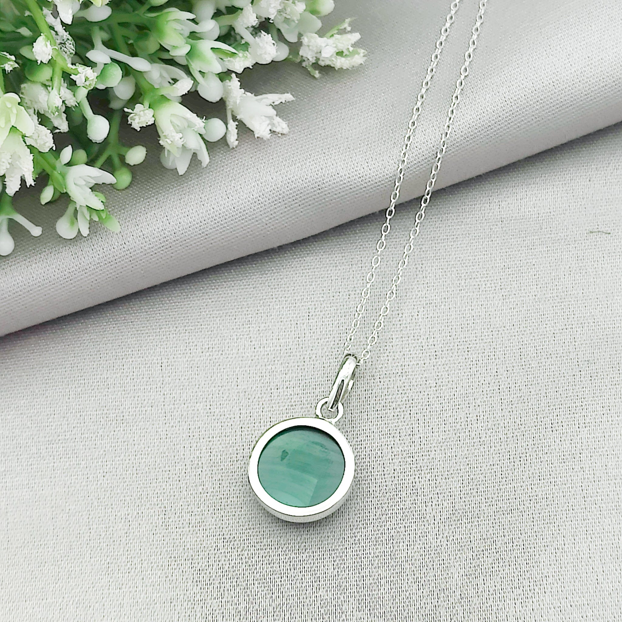 Hepburn and Hughes Malachite Pendant | 15mm circle | Green Gemstone | Sterling Silver