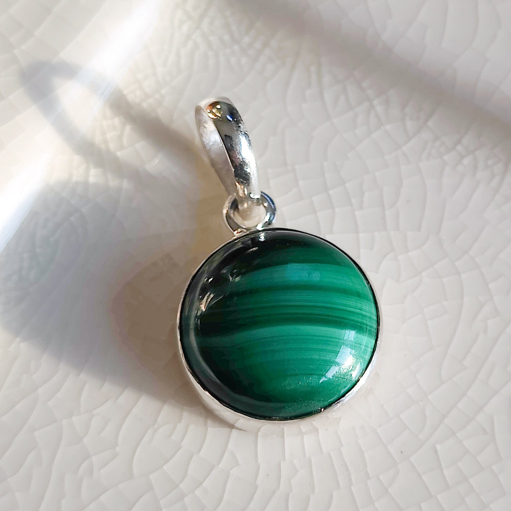 Hepburn and Hughes Malachite Pendant | 15mm circle | Green Gemstone | Sterling Silver