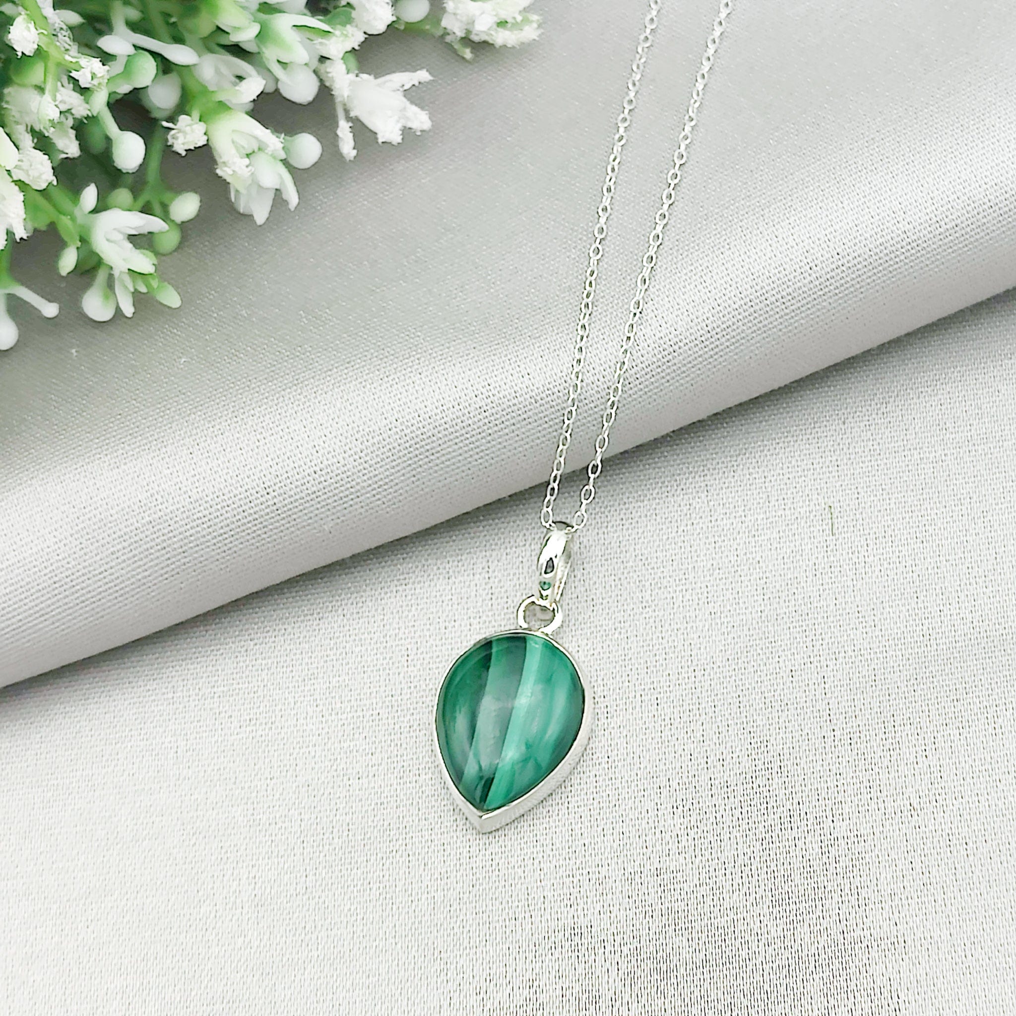 Hepburn and Hughes Malachite Pendant | 20mm teardrop | 13th anniversary | Sterling Silver