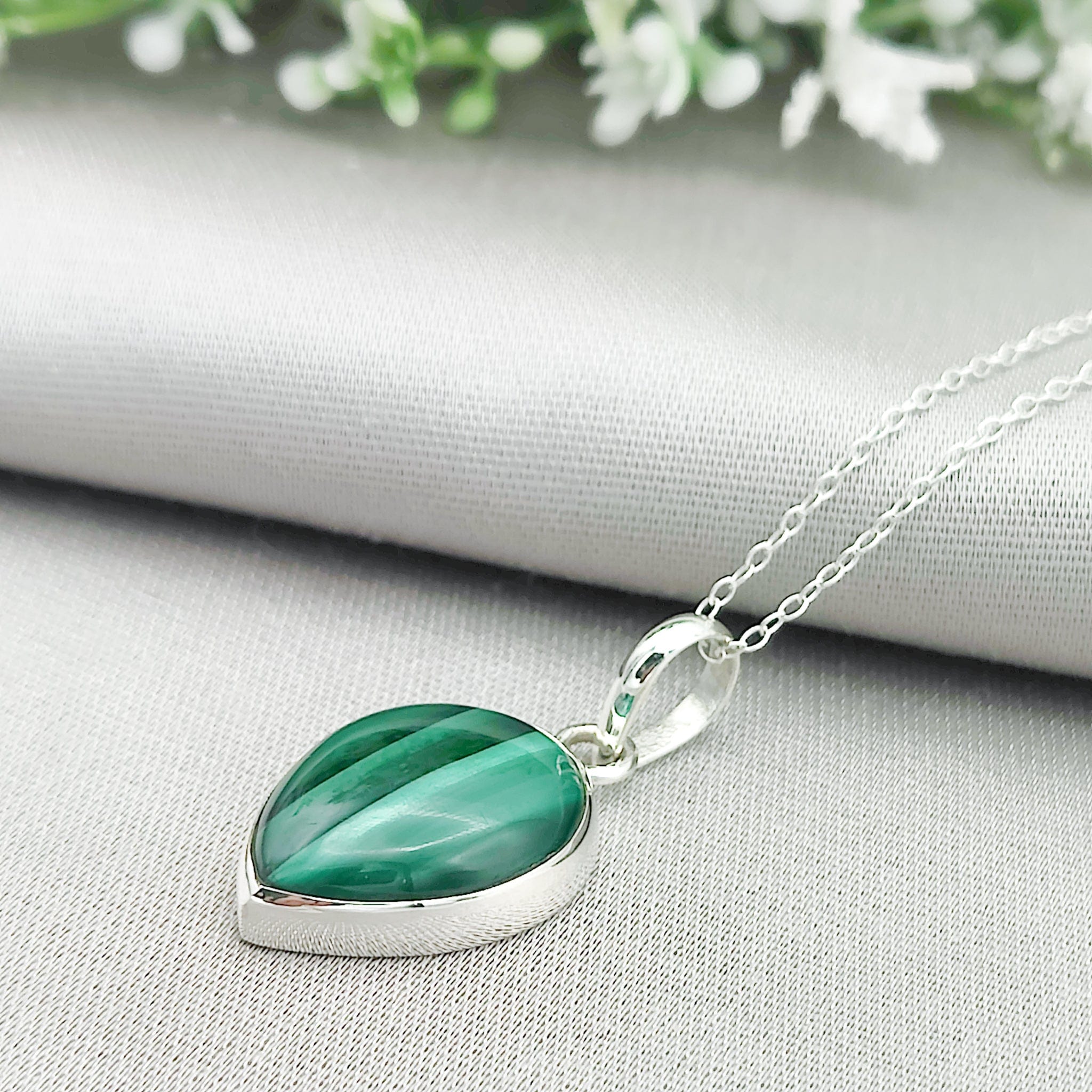 Hepburn and Hughes Malachite Pendant | 20mm teardrop | 13th anniversary | Sterling Silver