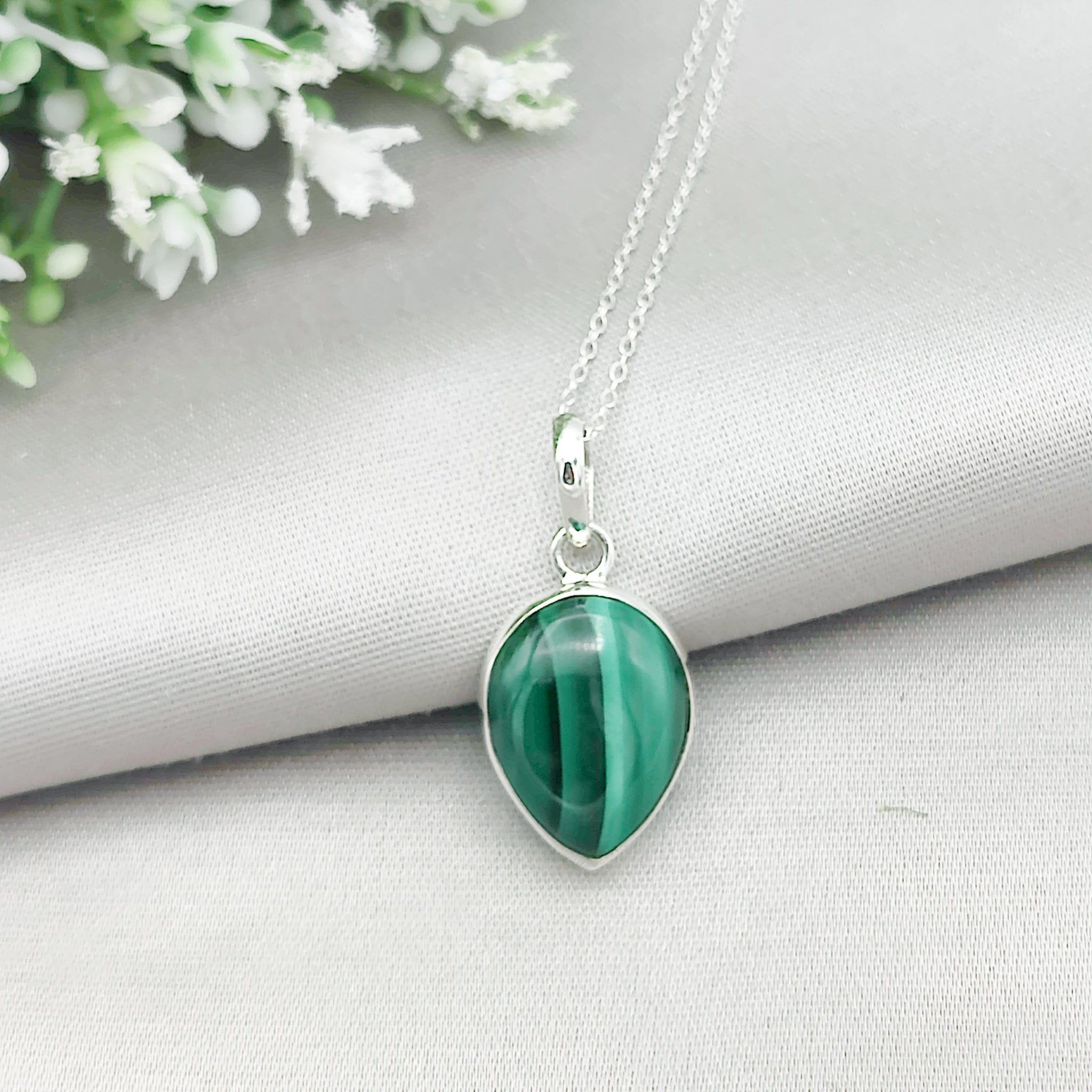 Hepburn and Hughes Malachite Pendant | 20mm teardrop | 13th anniversary | Sterling Silver