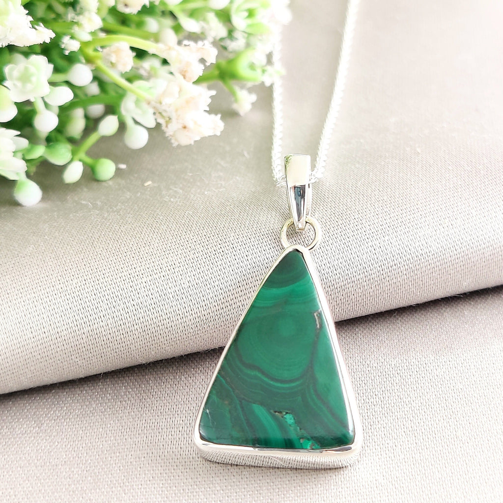 Hepburn and Hughes Malachite Pendant | 27mm triangle | Sterling Silver