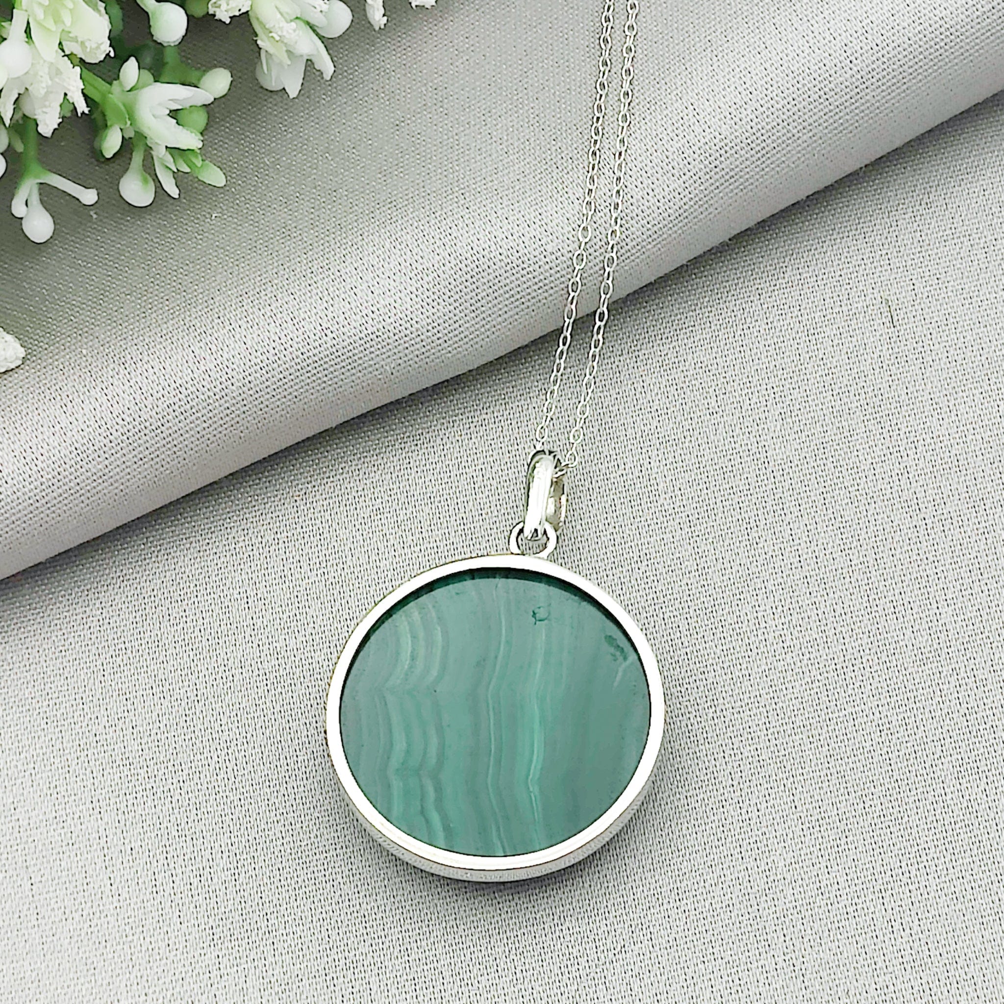 Hepburn and Hughes Malachite Pendant | 30mm Circle | May Gift | Sterling Silver