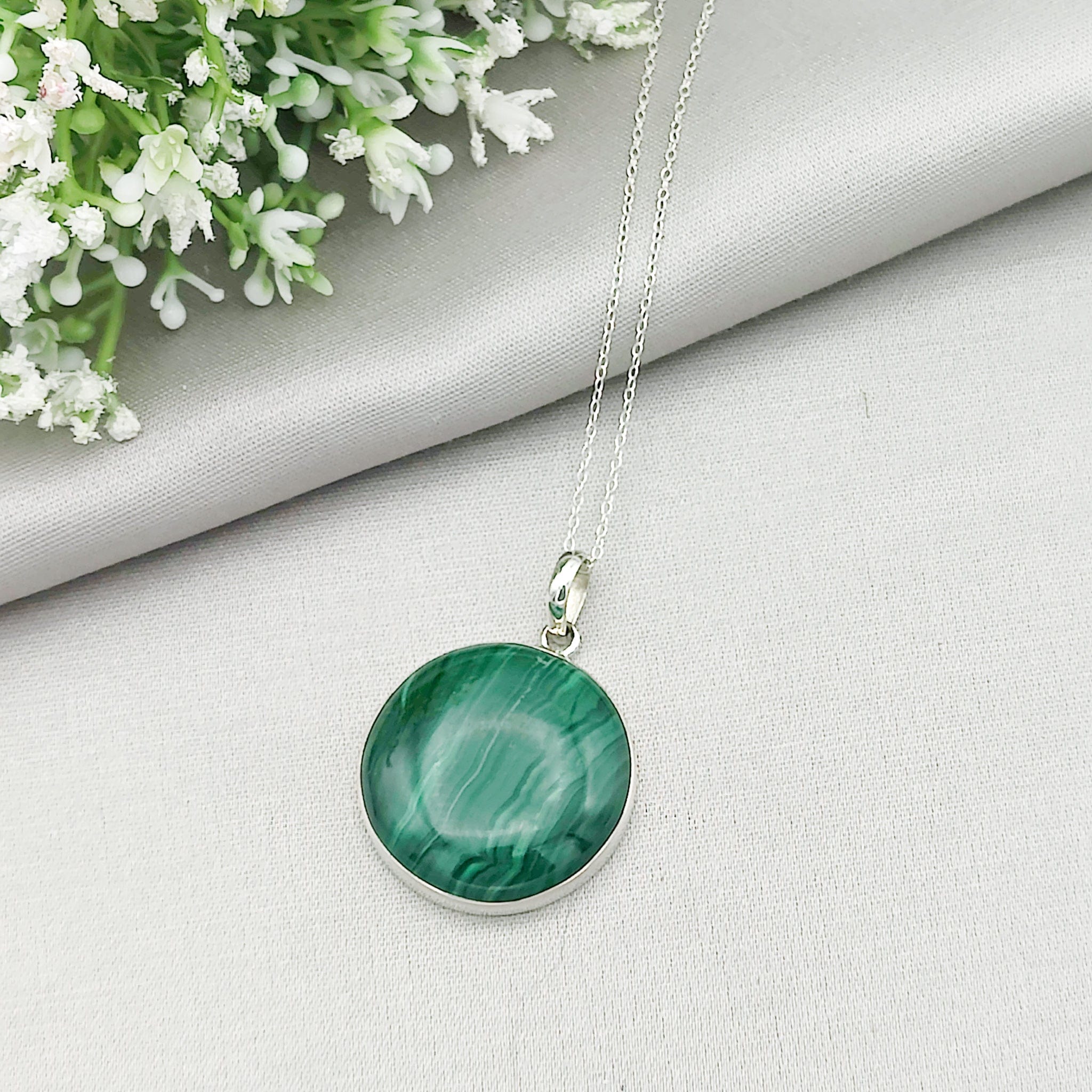 Hepburn and Hughes Malachite Pendant | 30mm Circle | May Gift | Sterling Silver