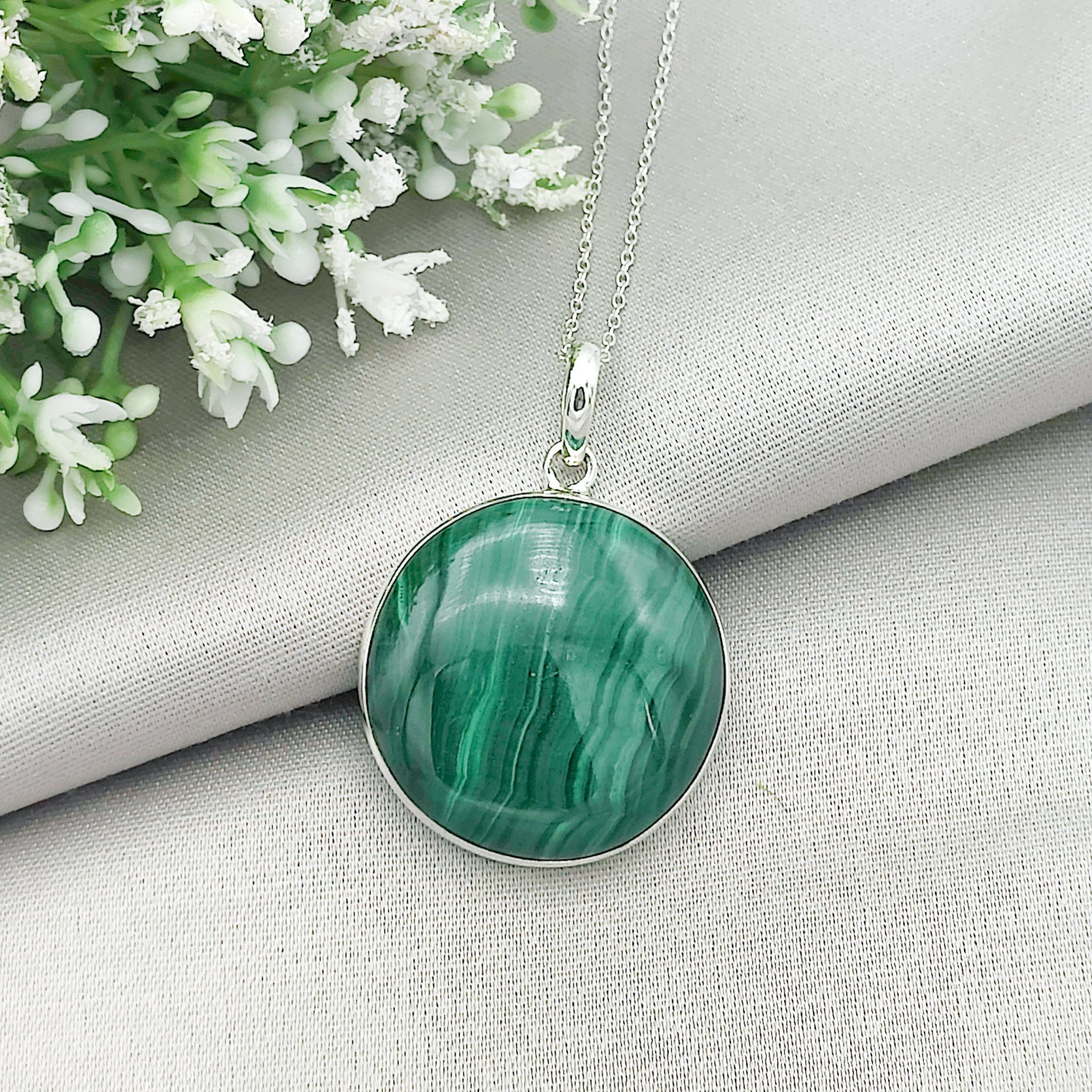 Hepburn and Hughes Malachite Pendant | 30mm Circle | May Gift | Sterling Silver