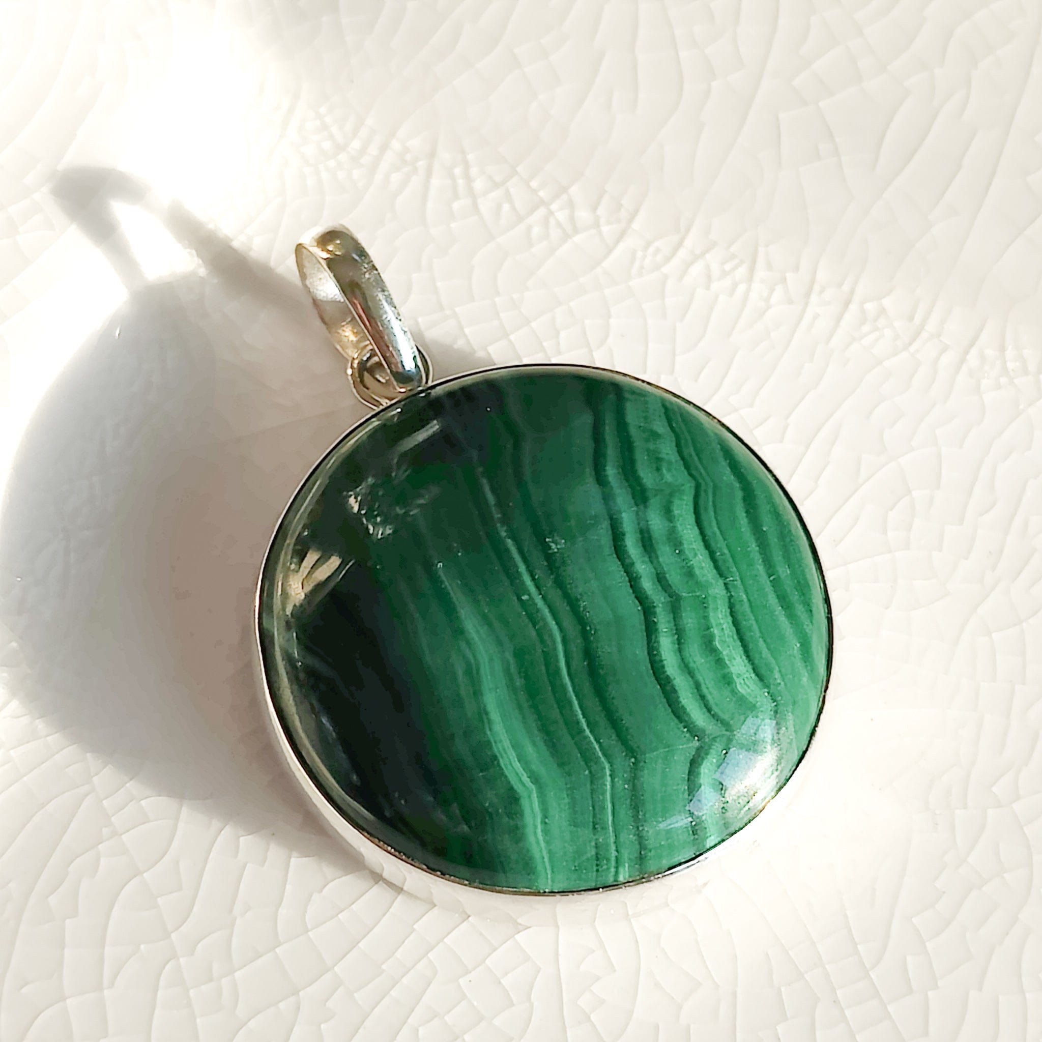 Hepburn and Hughes Malachite Pendant | 30mm Circle | May Gift | Sterling Silver