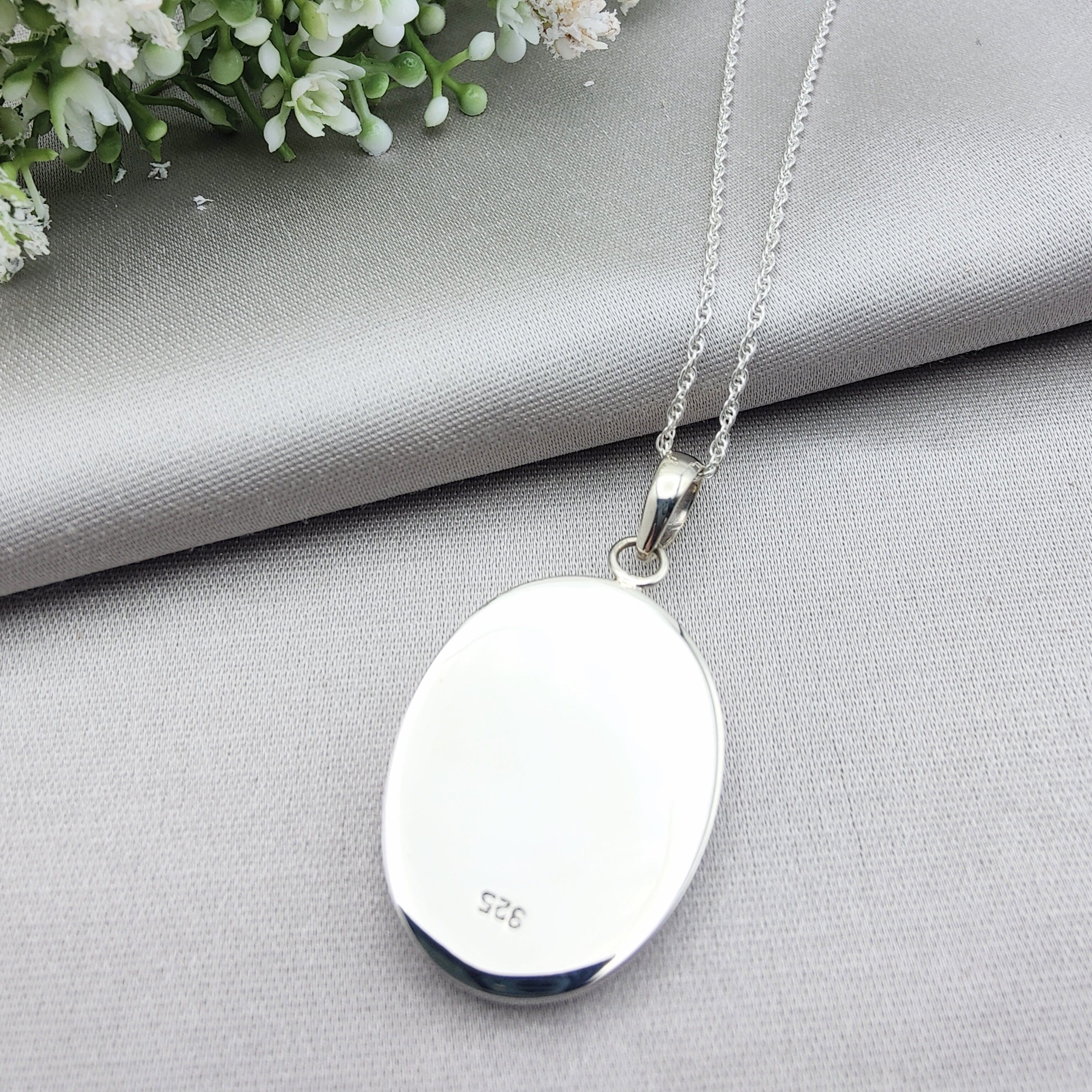 Hepburn and Hughes Malachite Pendant | 30mm Oval | 13th wedding anniversary | Sterling Silver