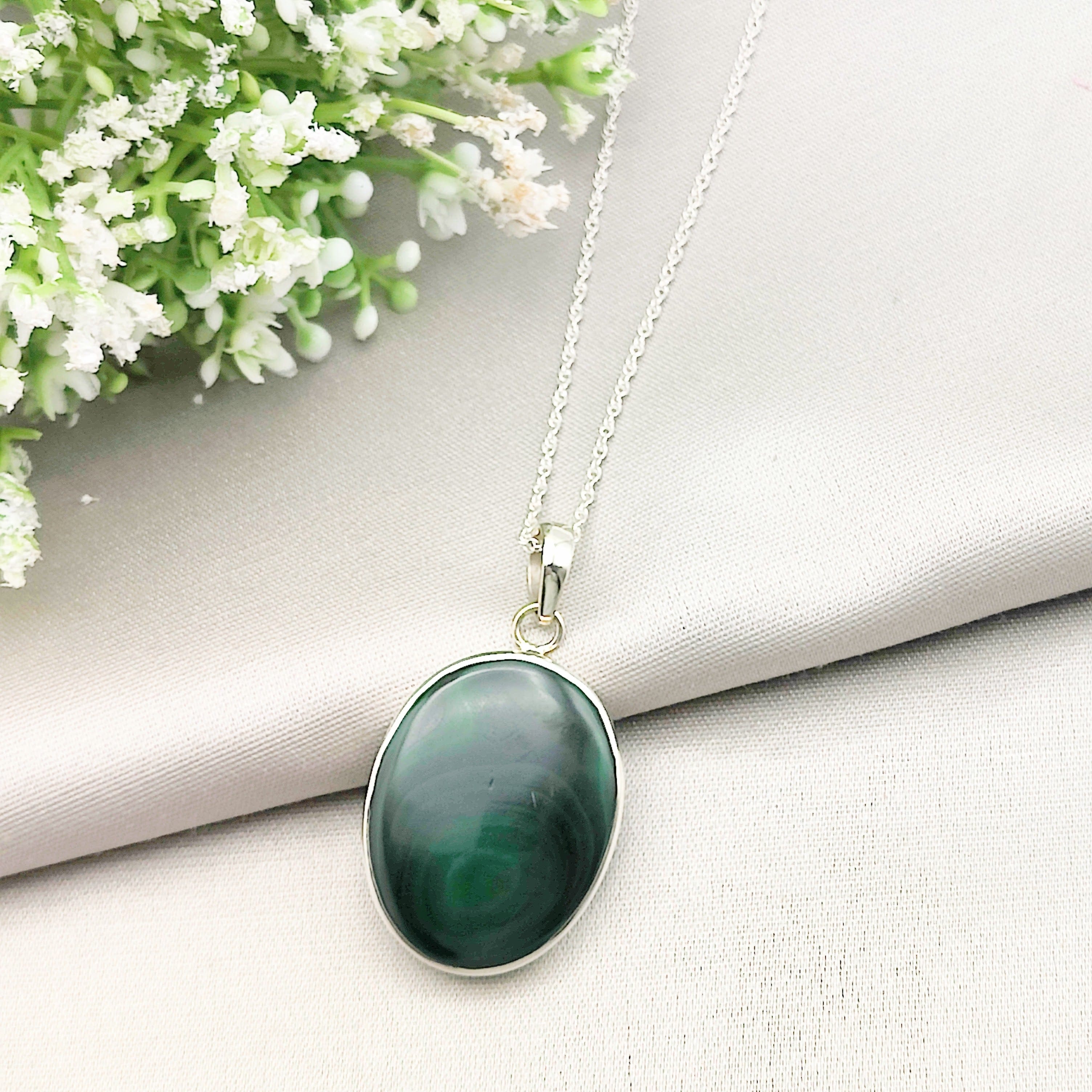 Hepburn and Hughes Malachite Pendant | 30mm Oval | 13th wedding anniversary | Sterling Silver