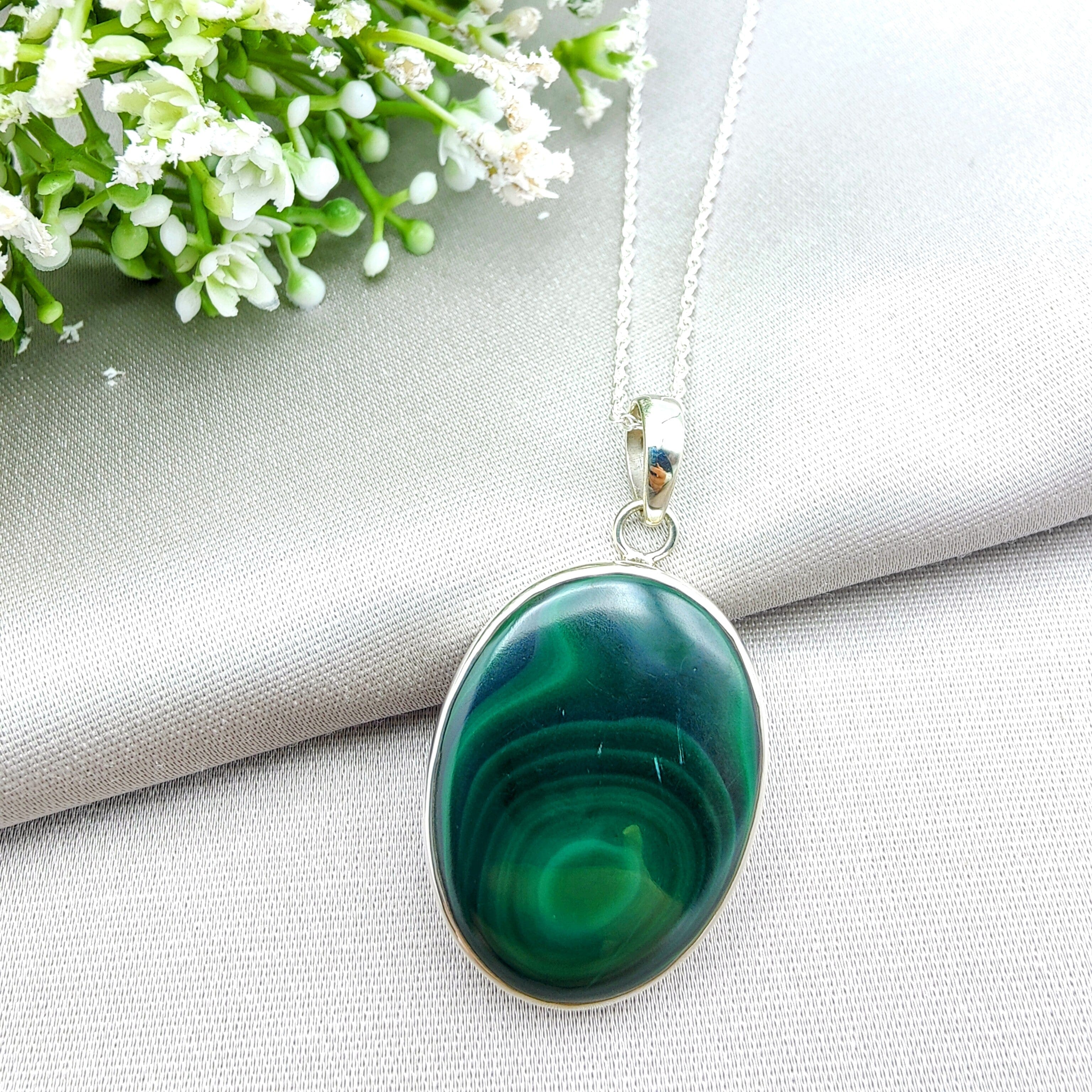 Hepburn and Hughes Malachite Pendant | 30mm Oval | 13th wedding anniversary | Sterling Silver
