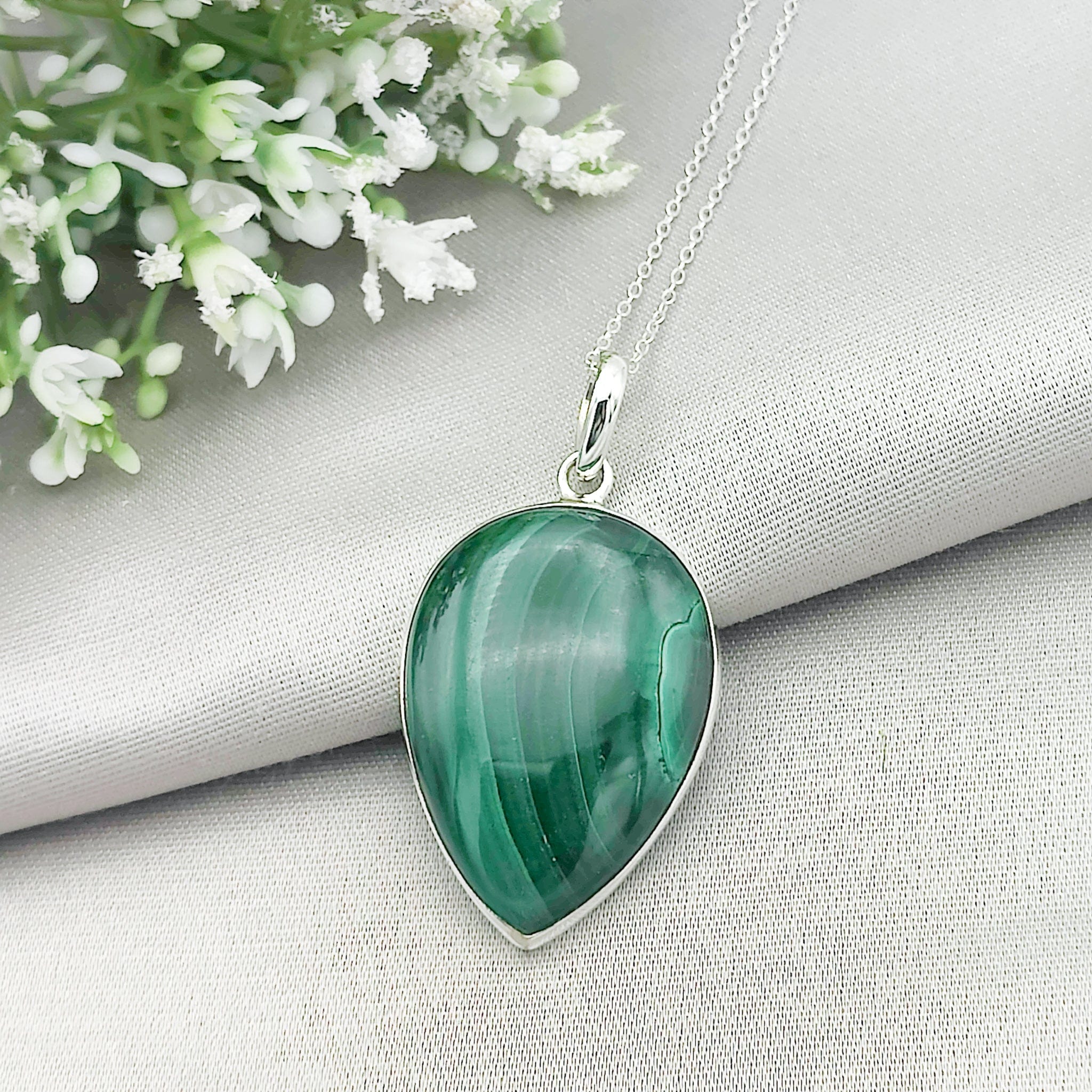 Hepburn and Hughes Malachite Pendant | 35mm Teardrop | Taurus Gift | Sterling Silver