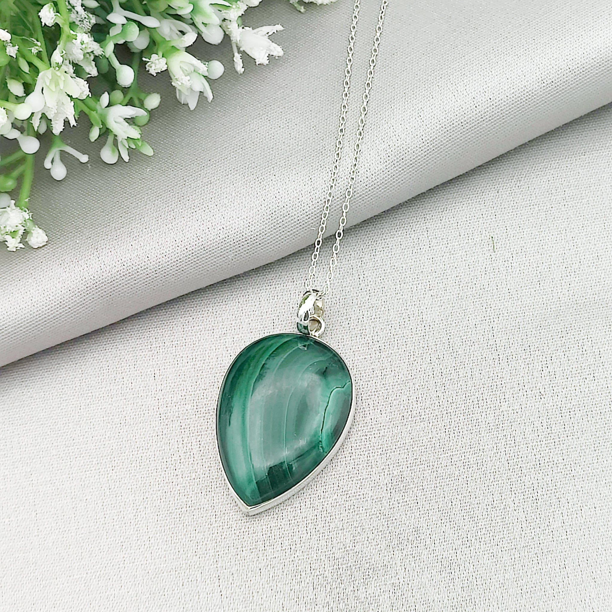 Hepburn and Hughes Malachite Pendant | 35mm Teardrop | Taurus Gift | Sterling Silver