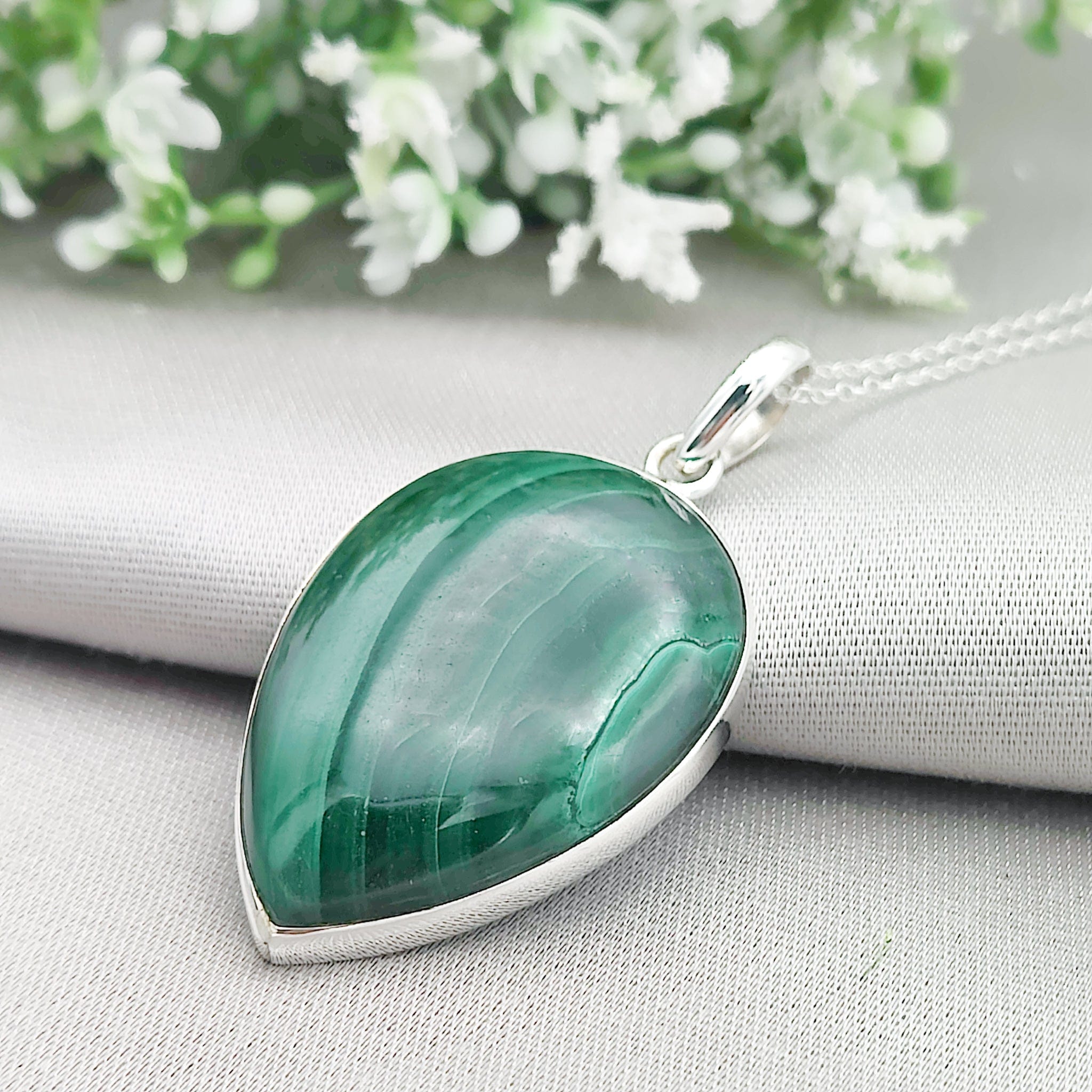 Hepburn and Hughes Malachite Pendant | 35mm Teardrop | Taurus Gift | Sterling Silver