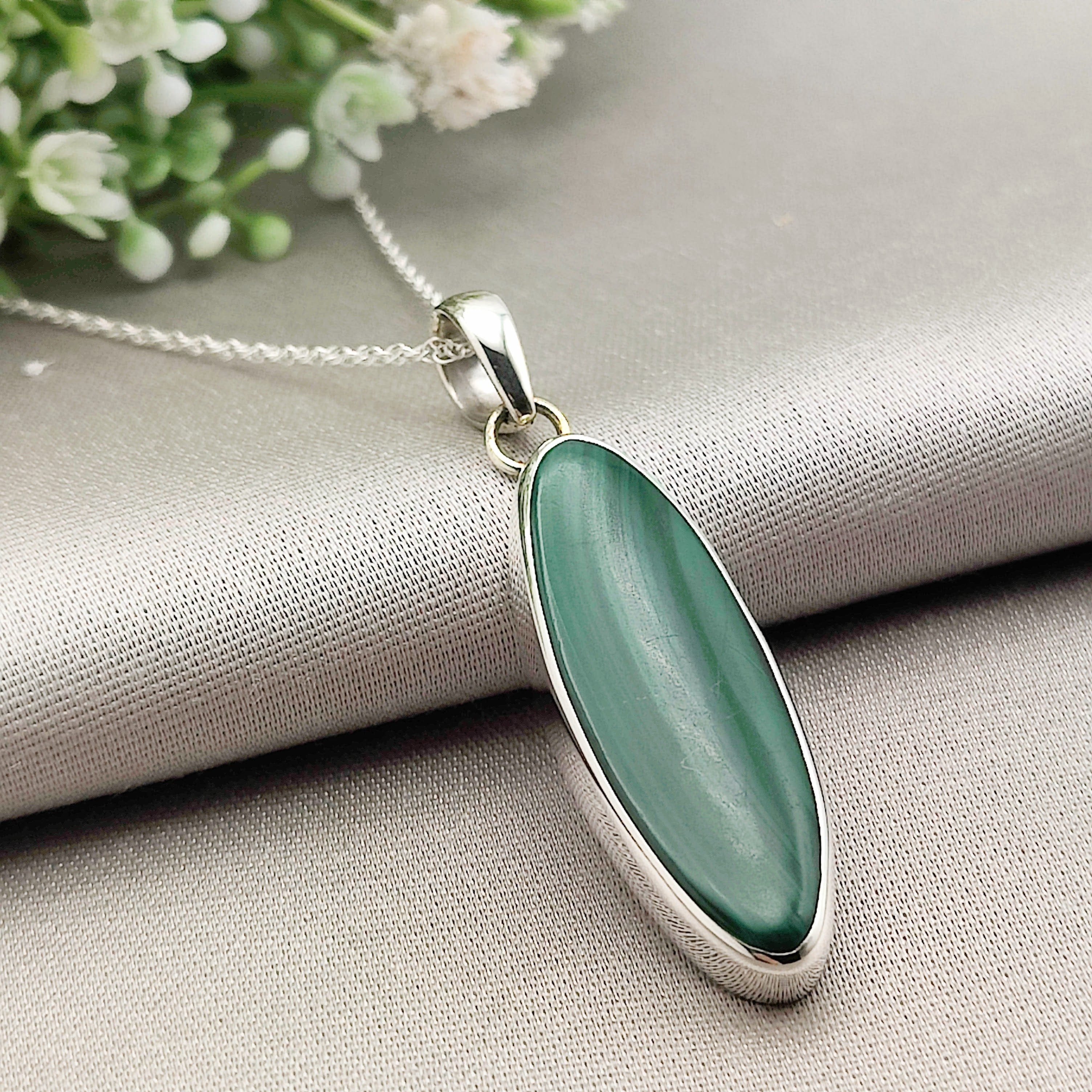 Hepburn and Hughes Malachite Pendant | 36mm pointed oval | Sterling Silver