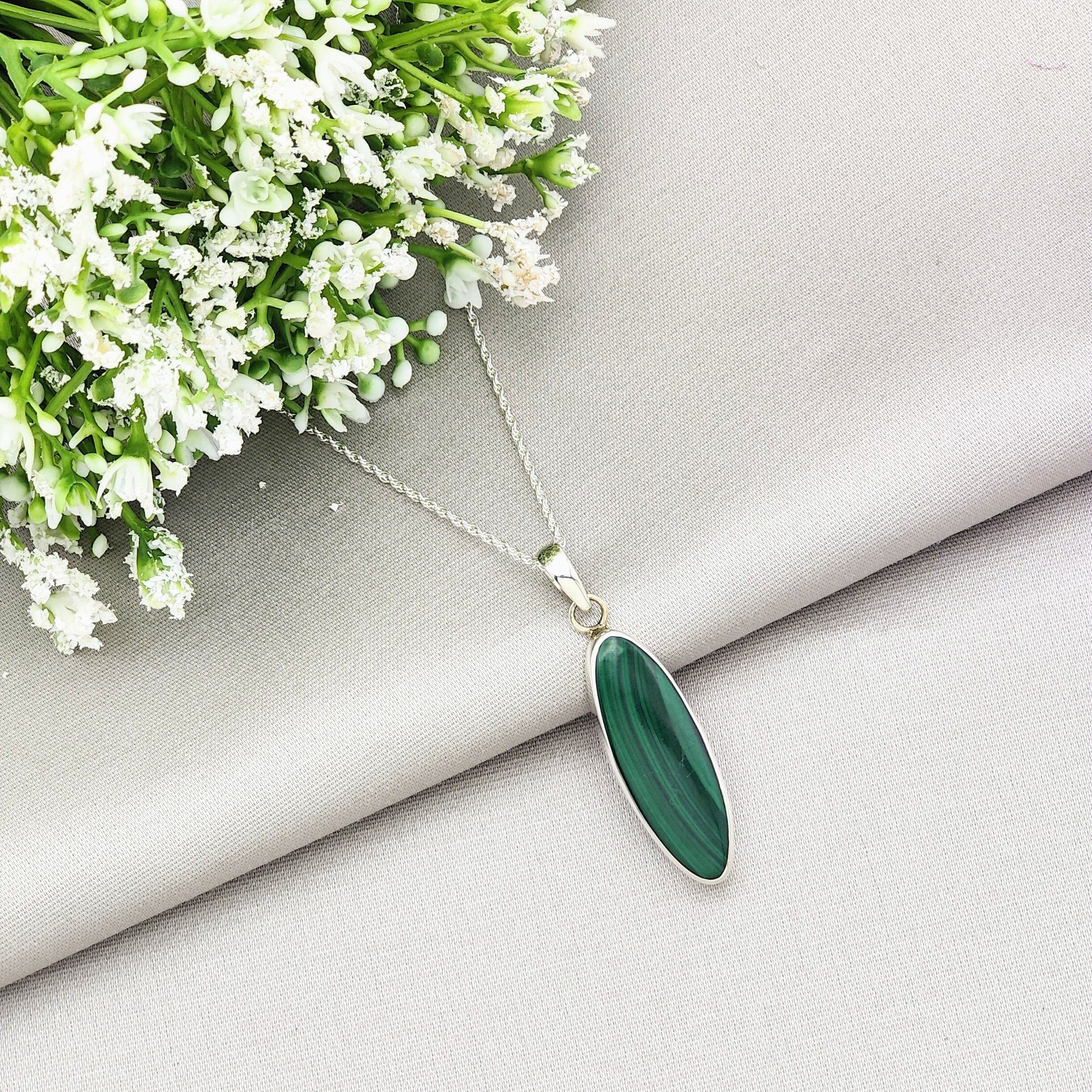 Hepburn and Hughes Malachite Pendant | 36mm pointed oval | Sterling Silver