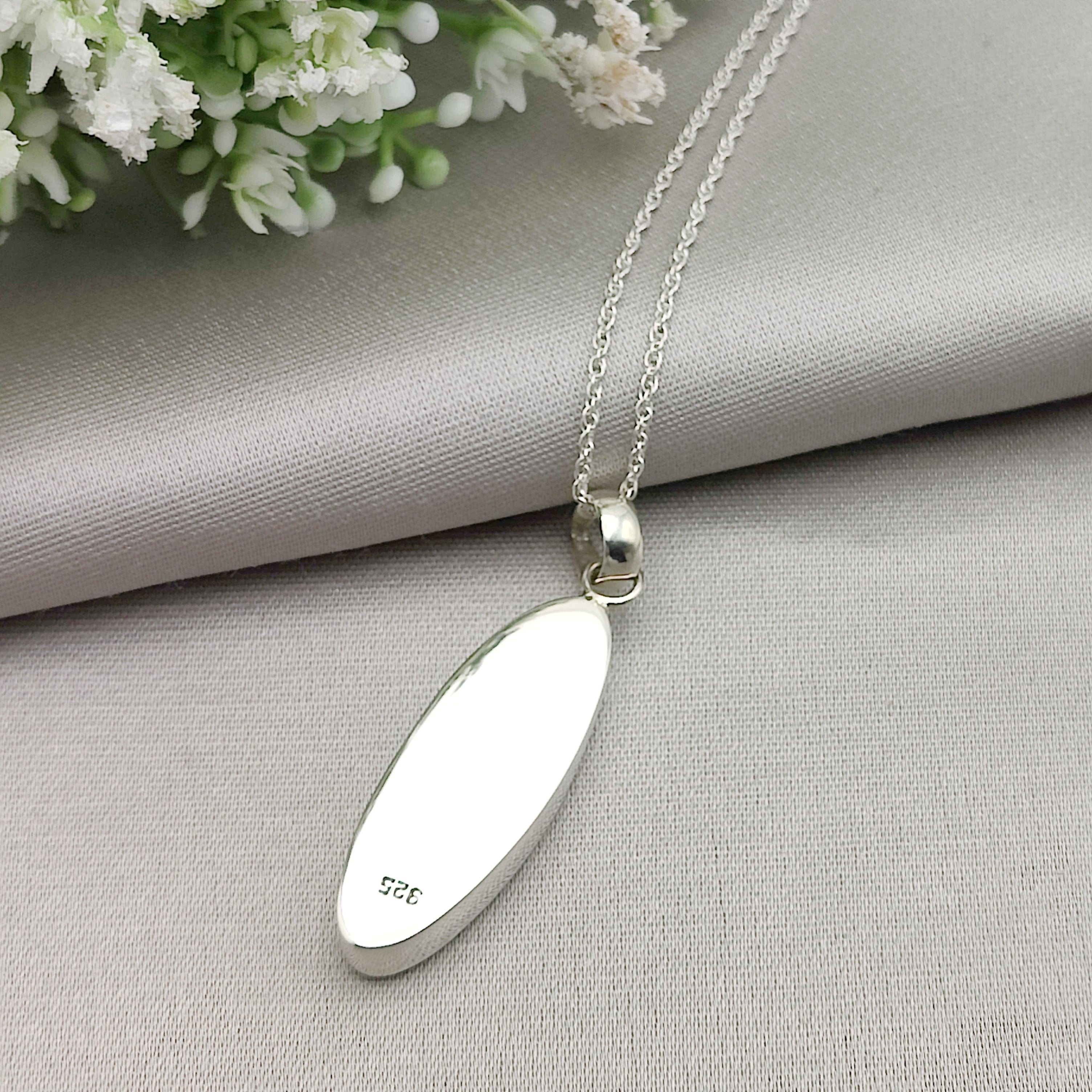 Hepburn and Hughes Malachite Pendant | 36mm pointed oval | Sterling Silver