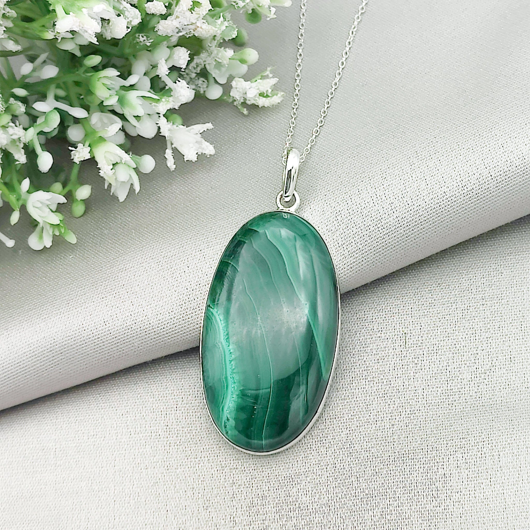 Hepburn and Hughes Malachite Pendant | 45mm Oval | May Gift | Sterling Silver
